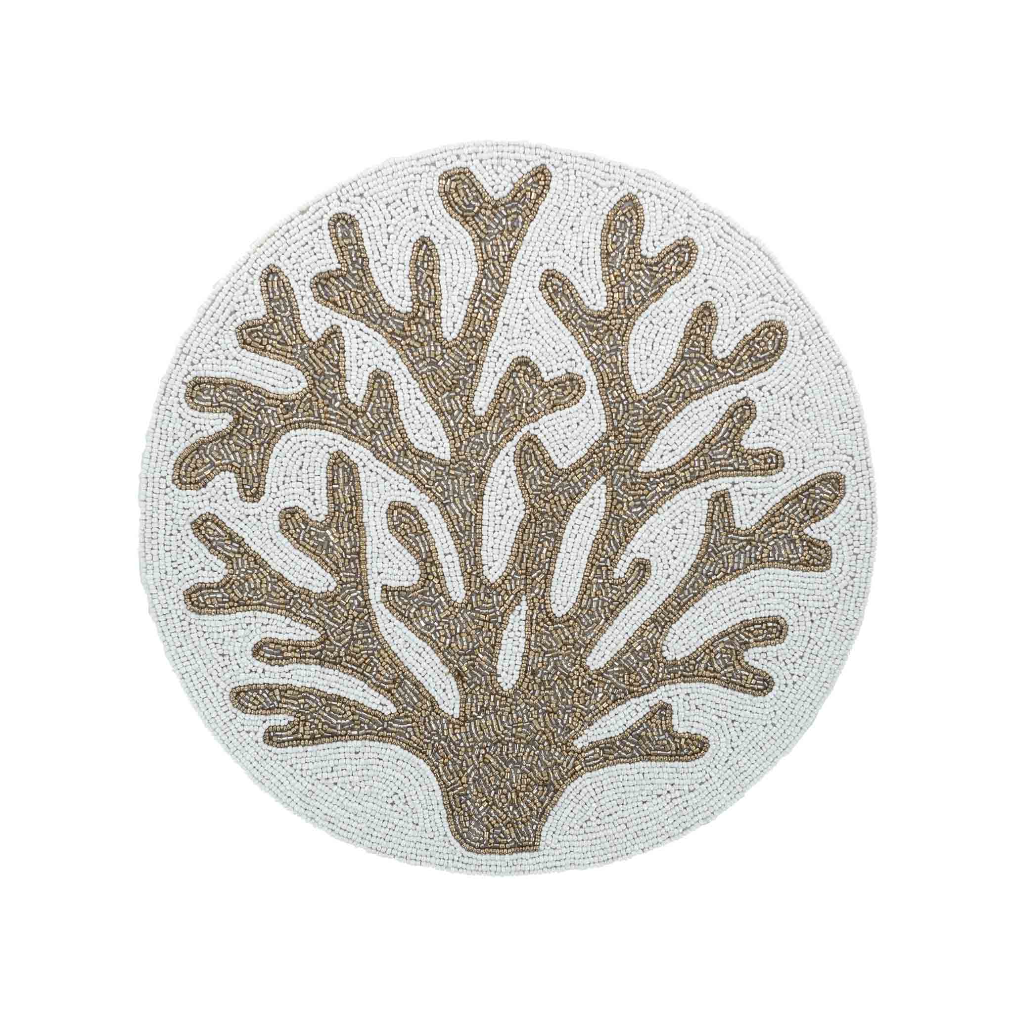 Luxurious Coral placemats with glass bead accents, designed to enhance your dining experience with coastal charm.