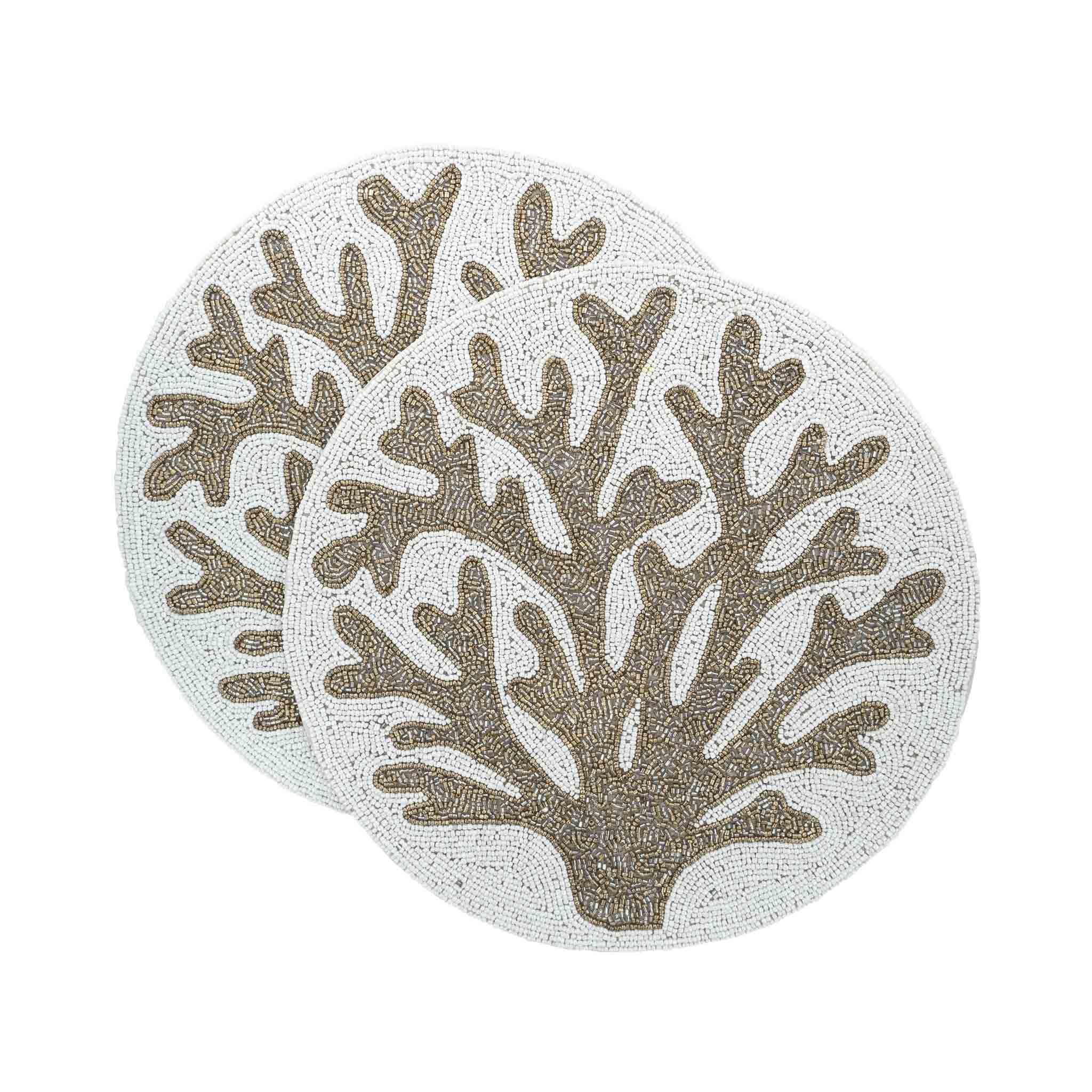 Premium Coral placemats, 15 inches in diameter, featuring intricate glass bead details for a refined dining experience.