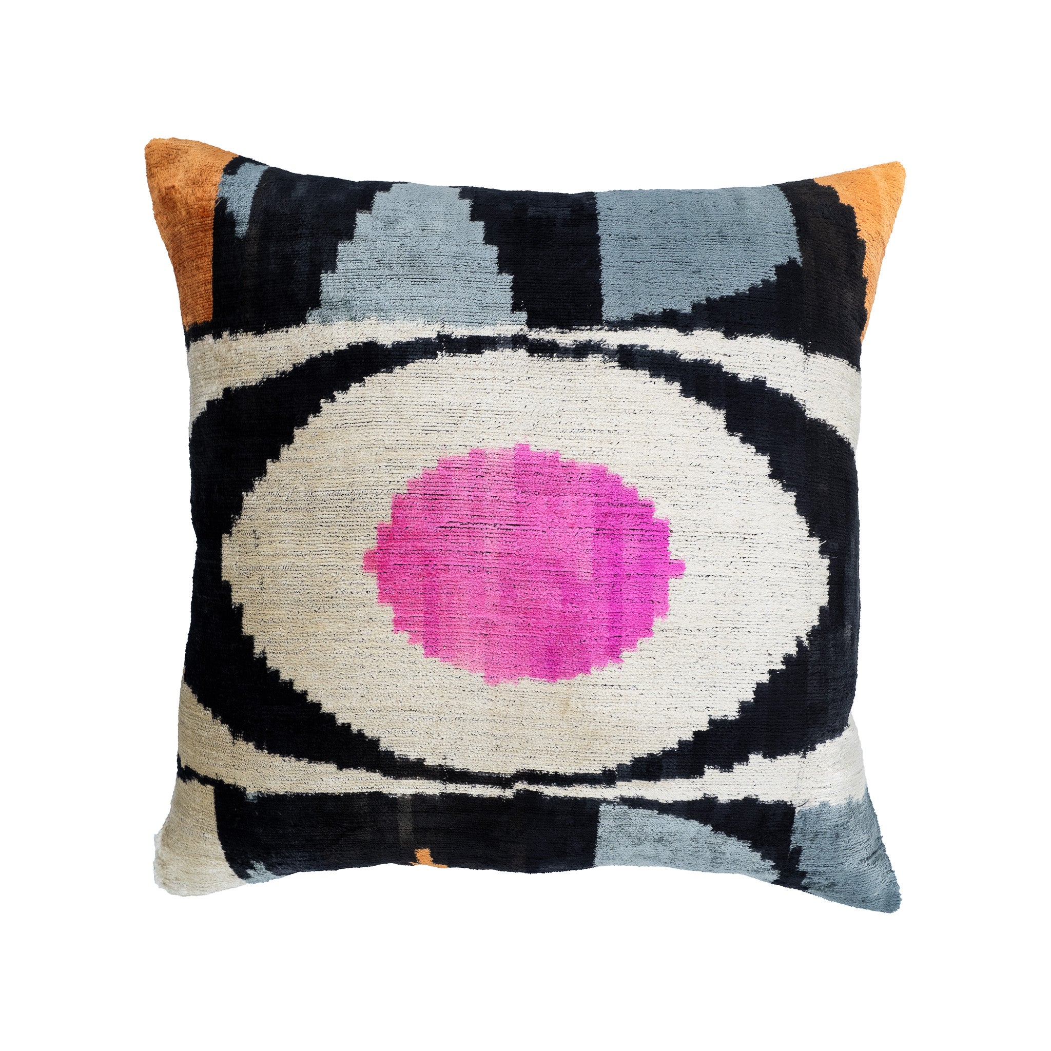 Handcrafted Ikat pillow cover in silk velvet, offering intricate patterns and smooth textures for timeless style.
