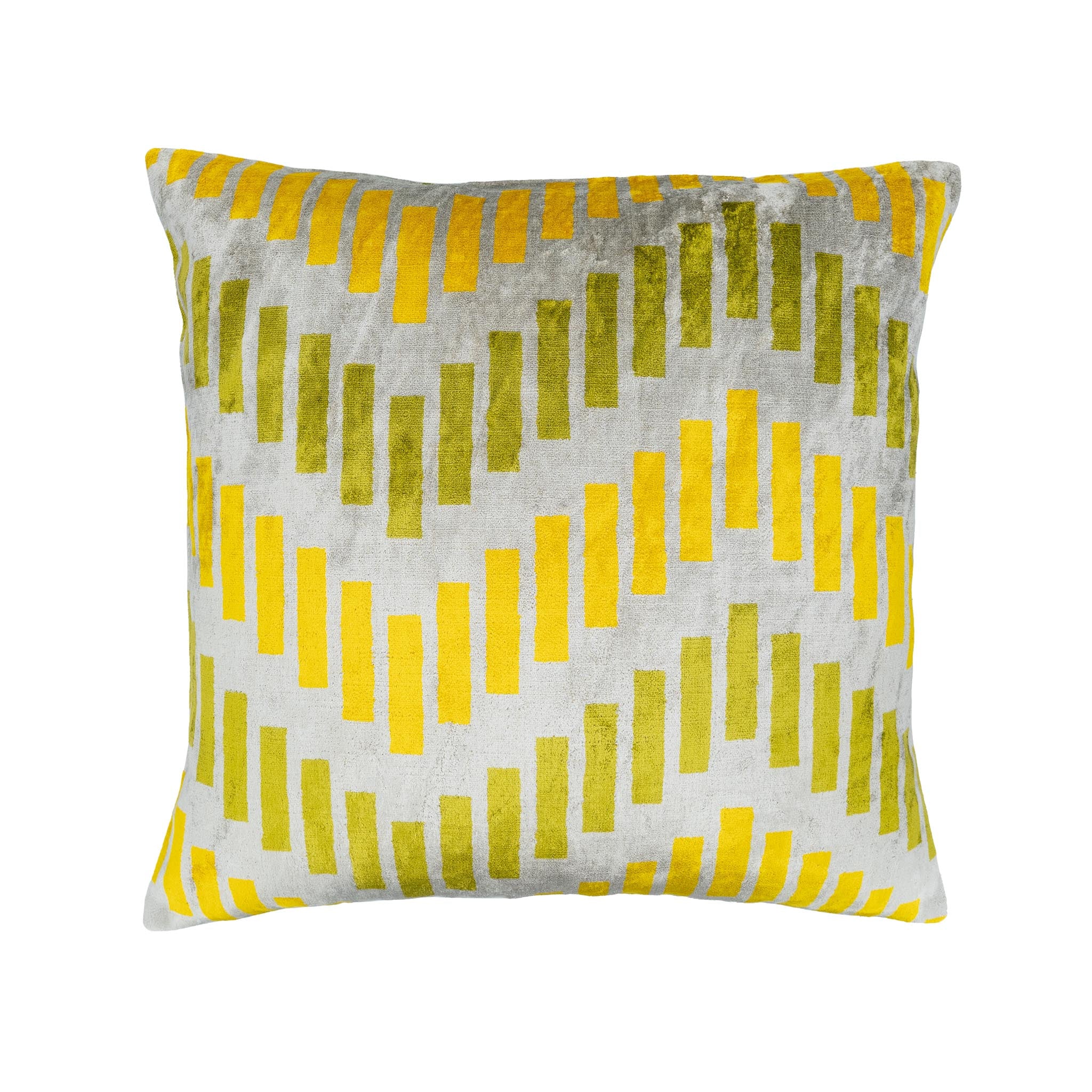 Handwoven silk velvet pillow with a unique staggered stripe ikat design in green and gold hues.