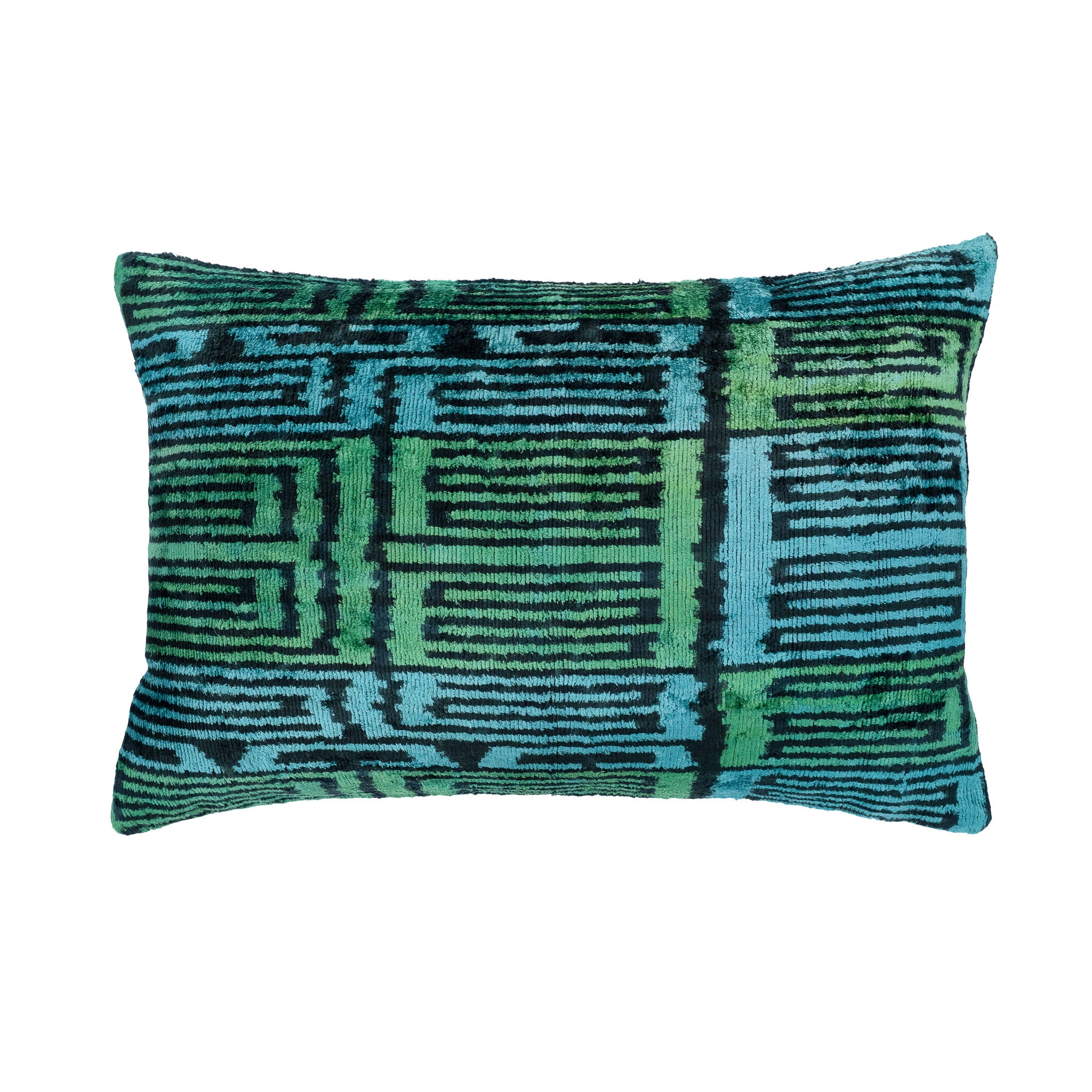 Traditional Ikat silk velvet pillow cover with Highlands patterns, perfect for a sophisticated and colorful look.
