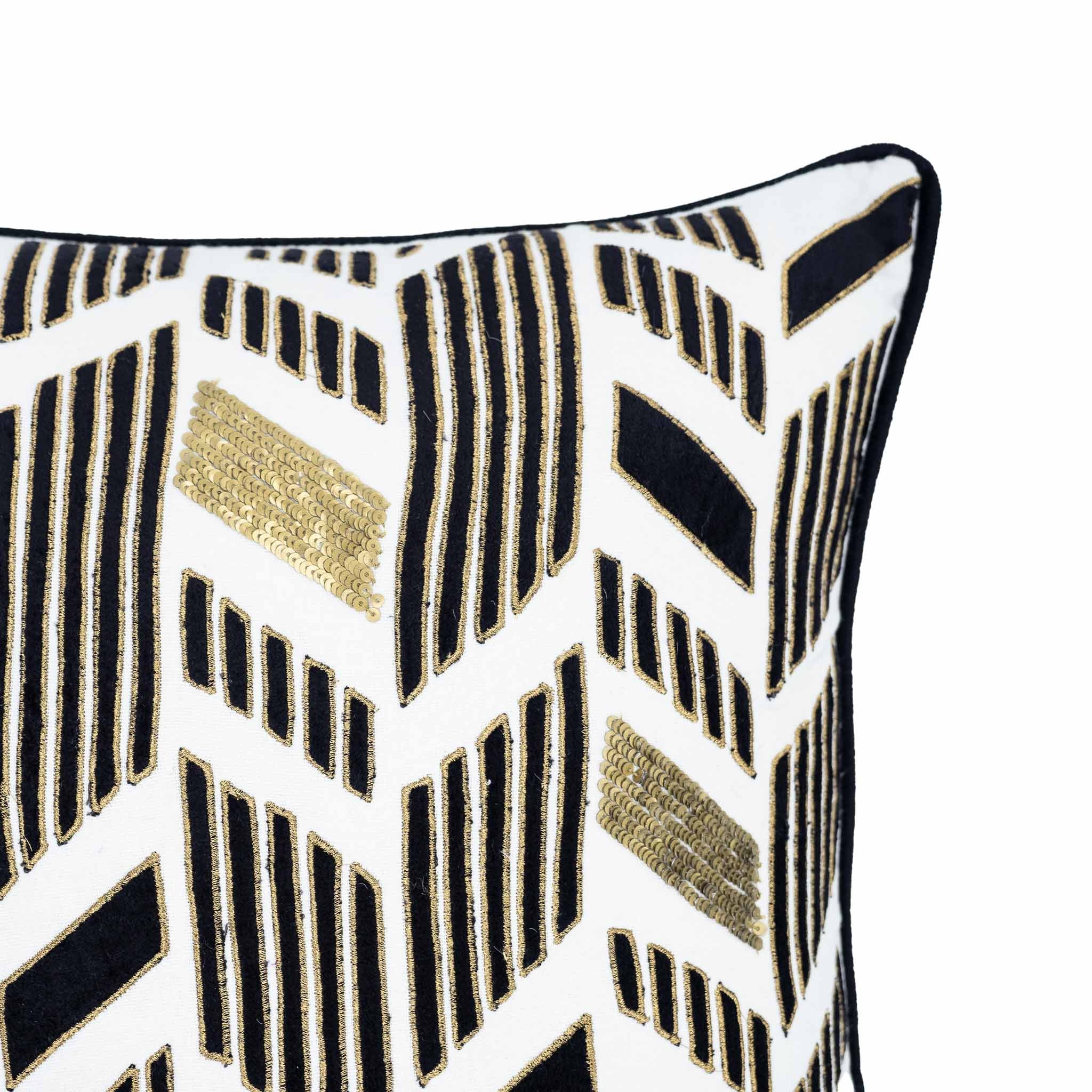 18x18 decorative pillow featuring metallic gold thread embroidery and black velvet accents.