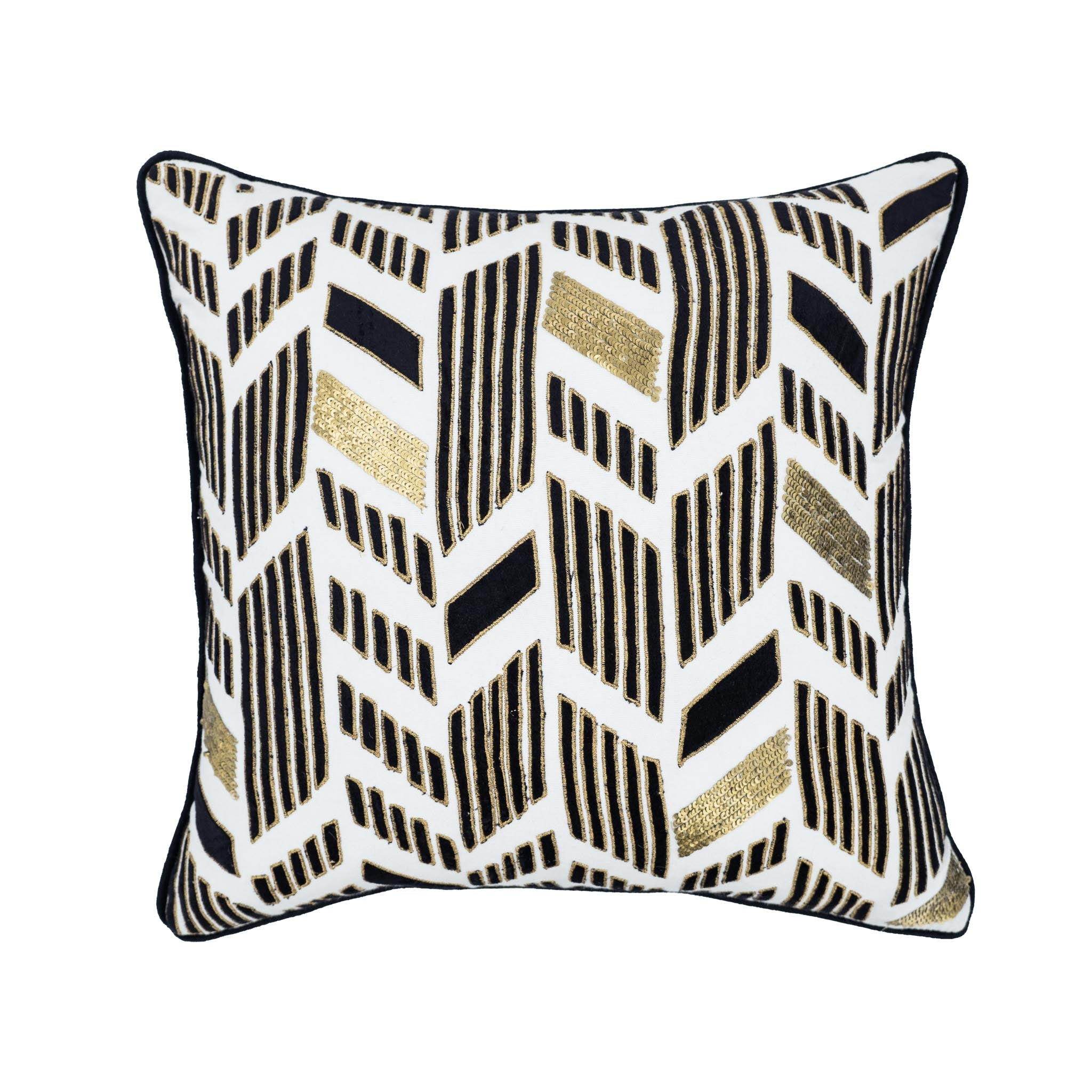 Square white throw pillow with black and gold embroidered chevron pattern.