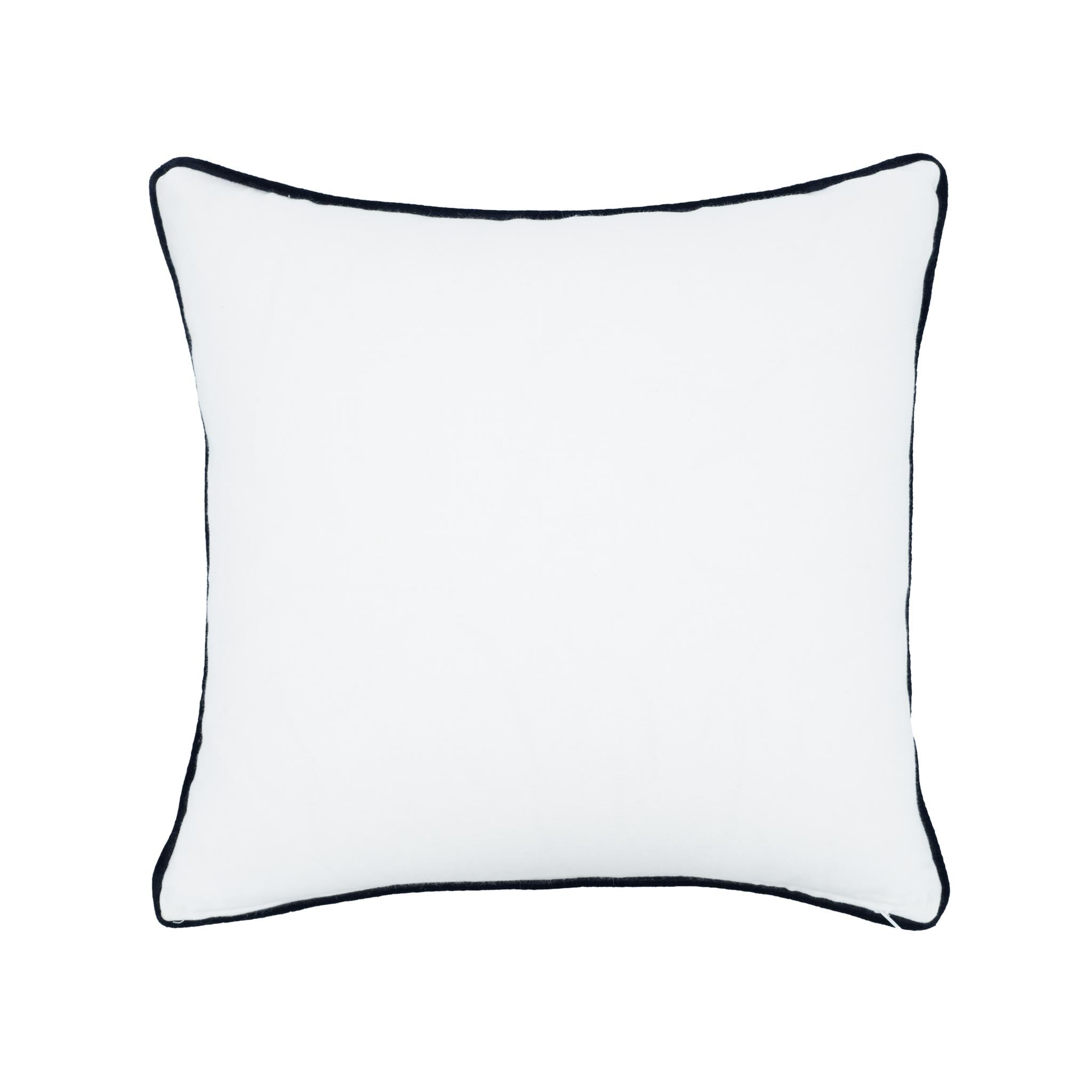 Hand-embroidered gold and black cushion on white linen with geometric pattern.