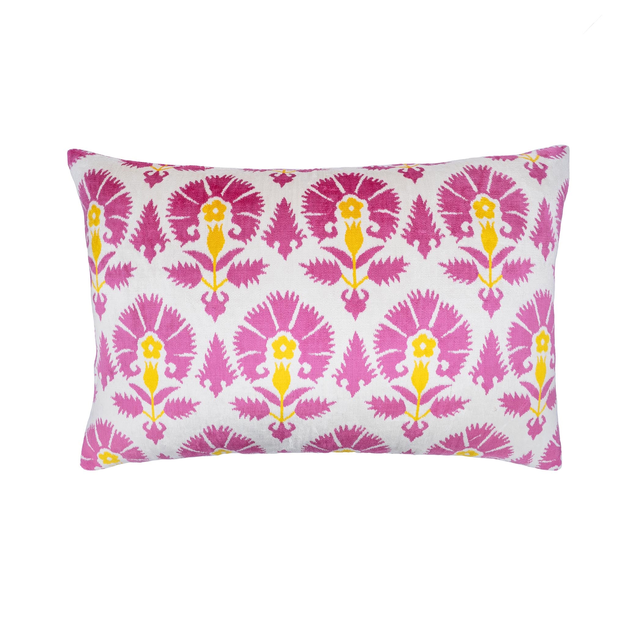Handmade pink and yellow floral silk velvet ikat pillow, Istanbul pattern, 16x24 inch.