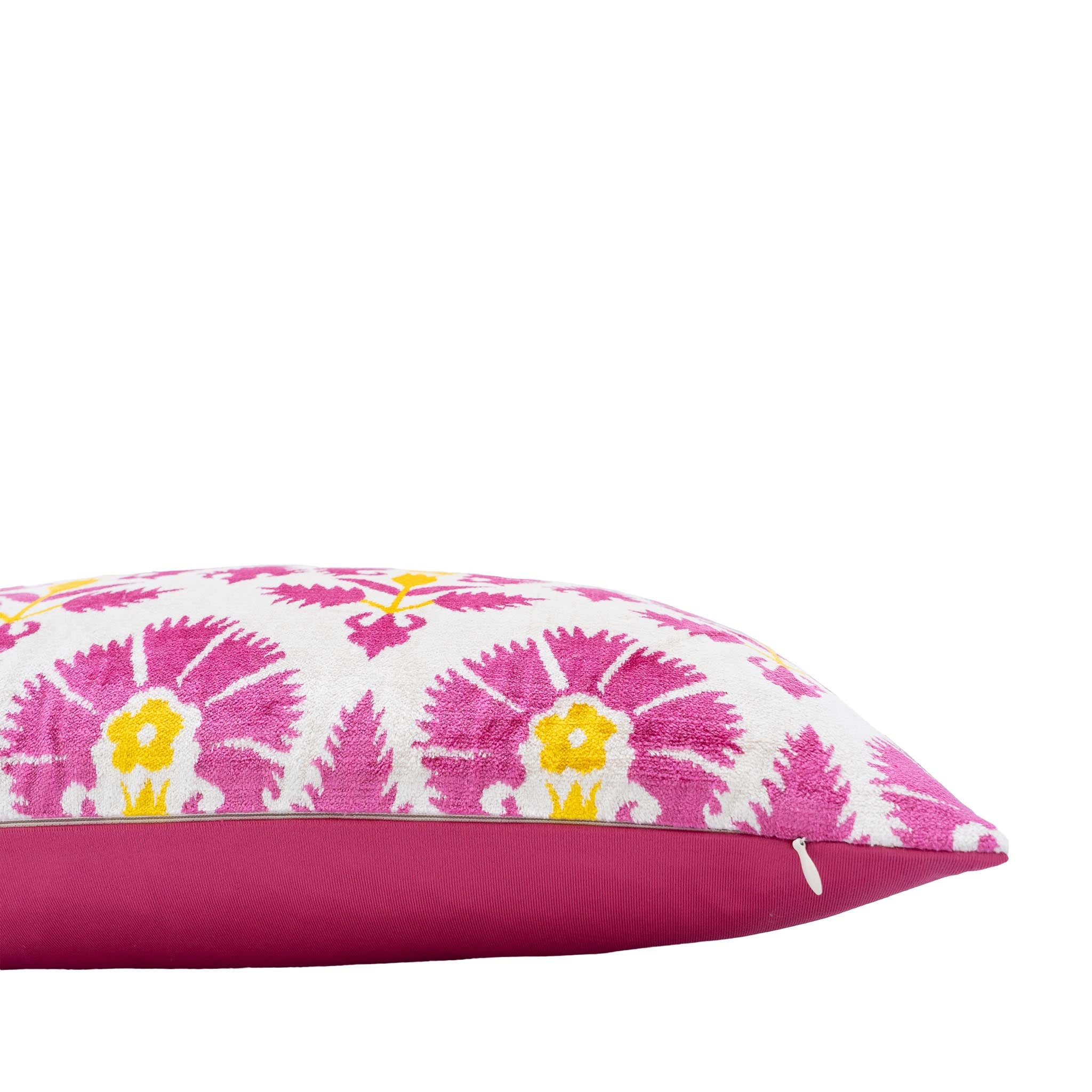 Chouchou Touch Istanbul ikat pillow with Ottoman-inspired pink and gold tulip motif.