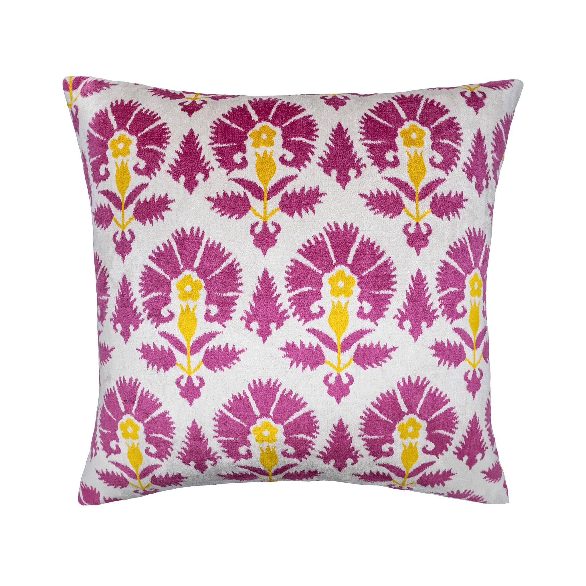 Istanbul Silk Velvet Ikat Pillow with a magenta and gold floral motif on a white background, 20x20 inches.