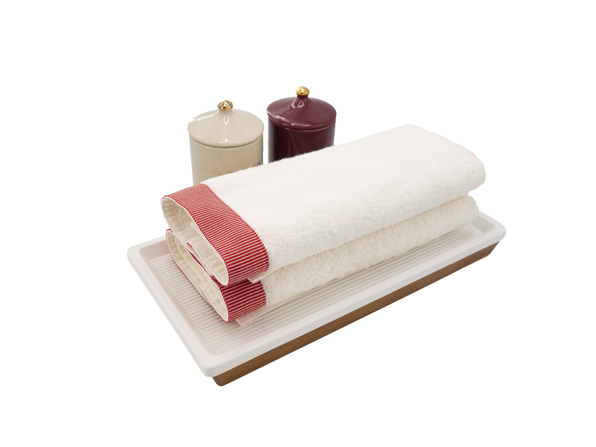 Ivory Guest Towels With Red Stripes, Set of 2