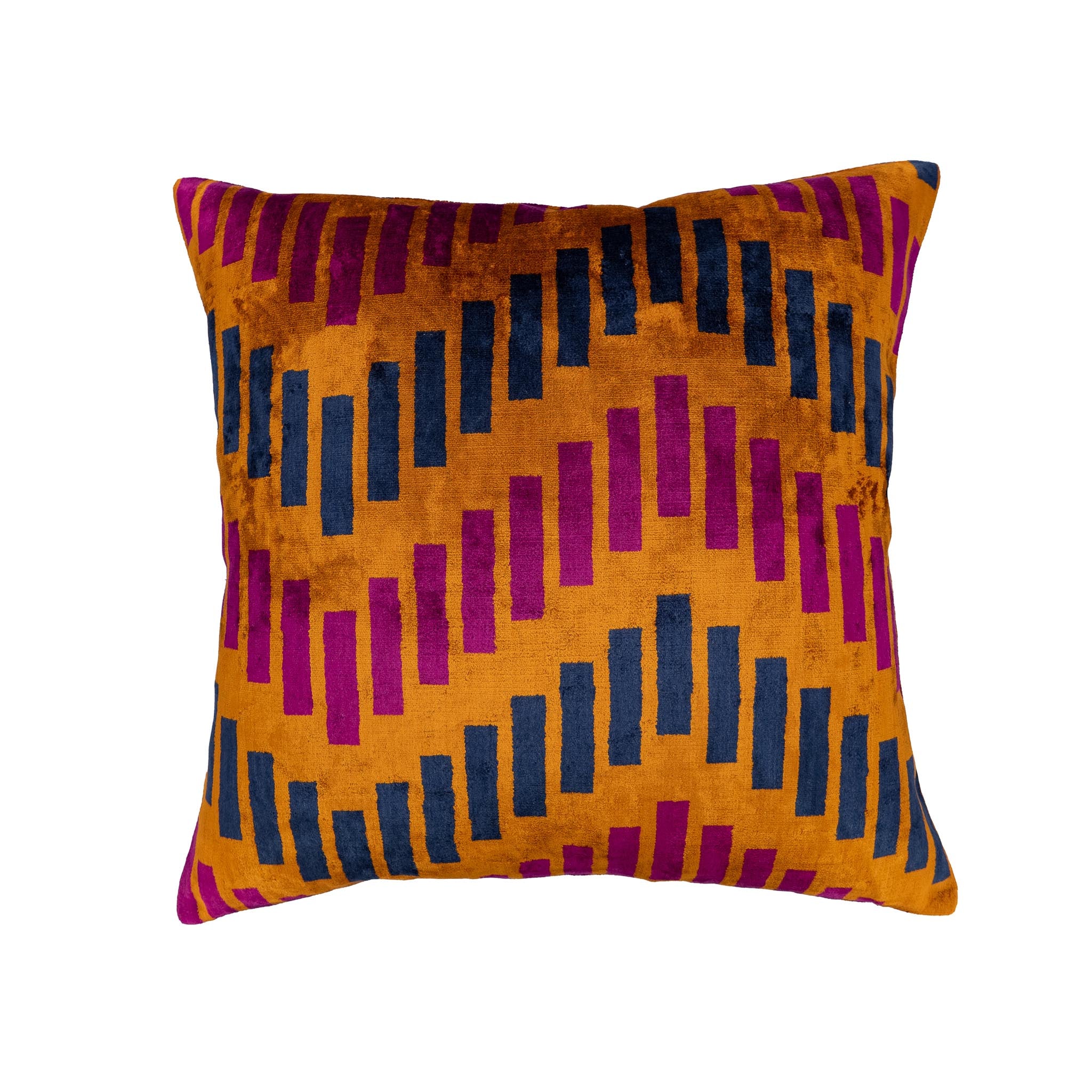 Chic and artistic silk velvet ikat pillow with a rhythmic diagonal striped pattern, adding a touch of modern luxury.