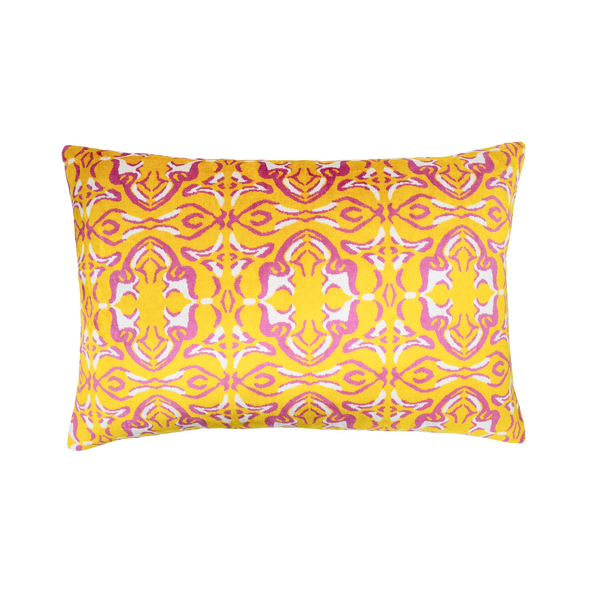 Kaleidoscope pattern silk velvet ikat pillow in pink and yellow, 16x24 inch case.
