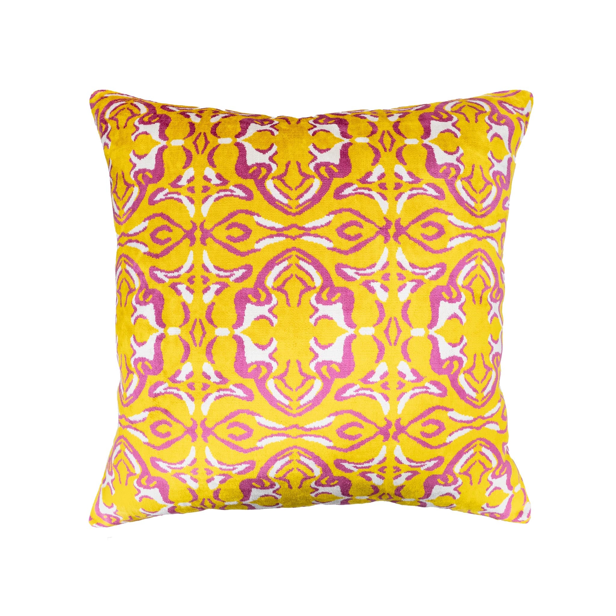 Hand-dyed Kaleidoscope Jaune Ikat Pillow in silk velvet with a stunning symmetrical design.