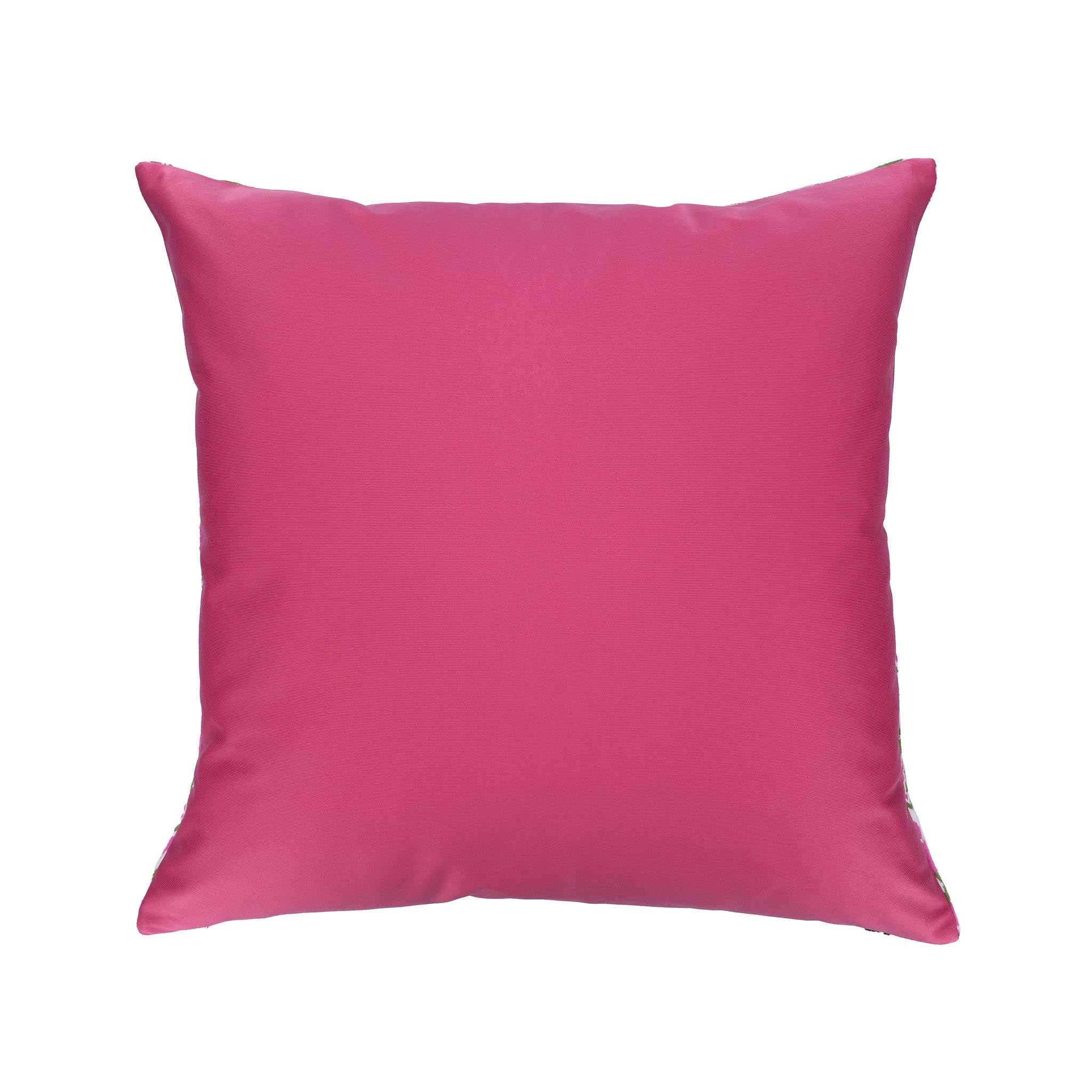 Soft silk velvet ikat pillow with a handcrafted pink and green motif, perfect for statement decor.