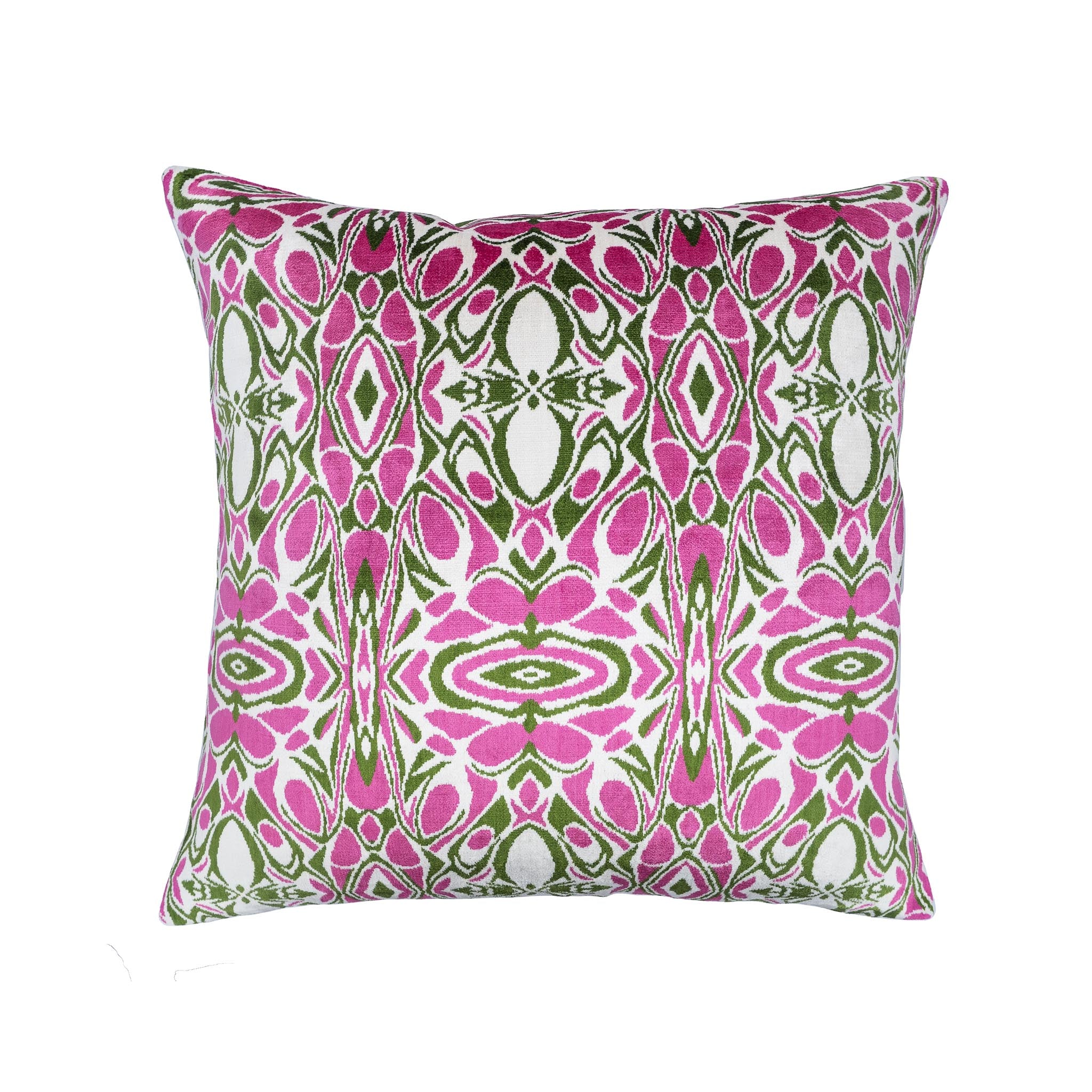 Stylish silk velvet pillow with a vibrant, multicolored ikat design, adding a touch of bold sophistication.