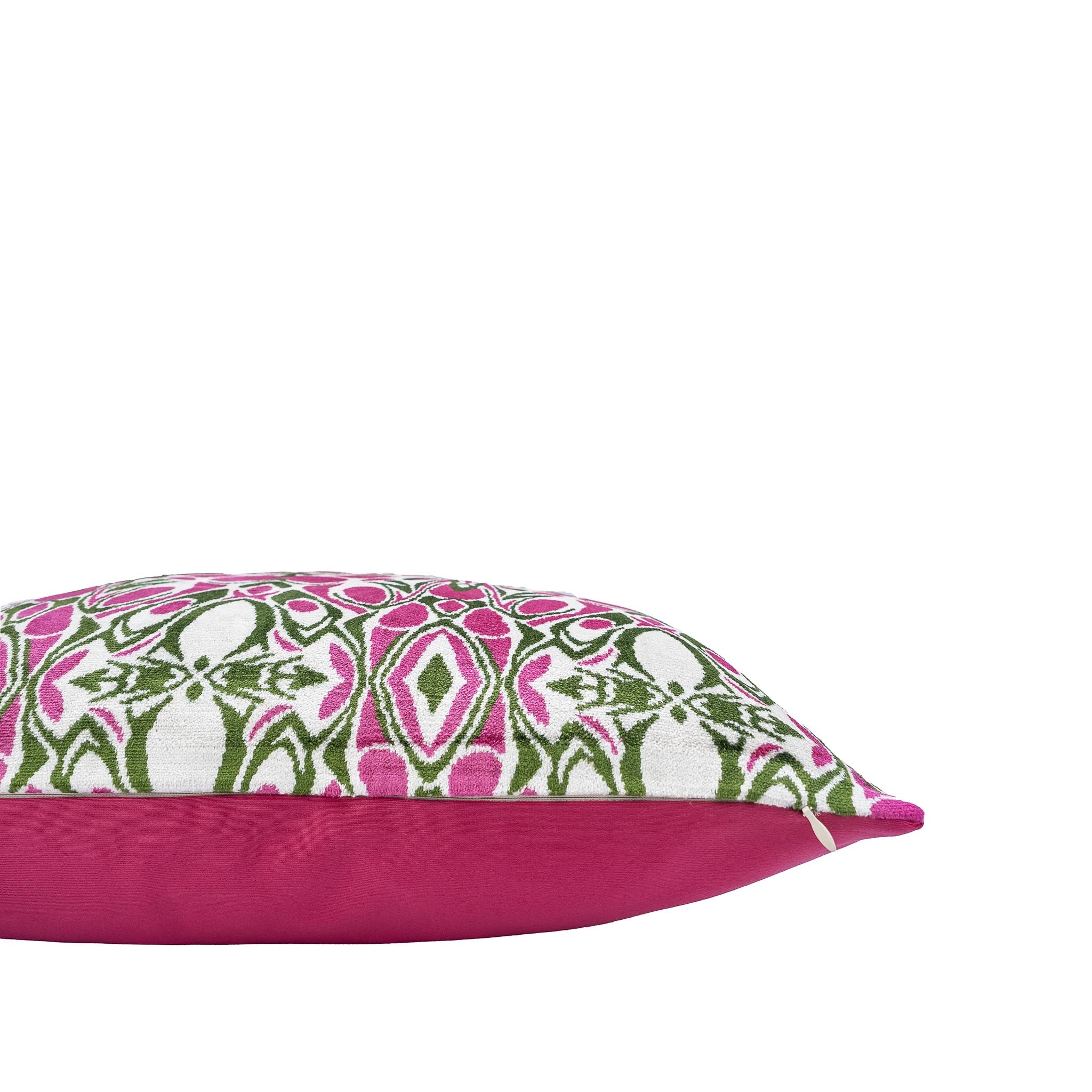 Chic and artistic silk velvet ikat pillow with a symmetrical, kaleidoscope-like pattern.