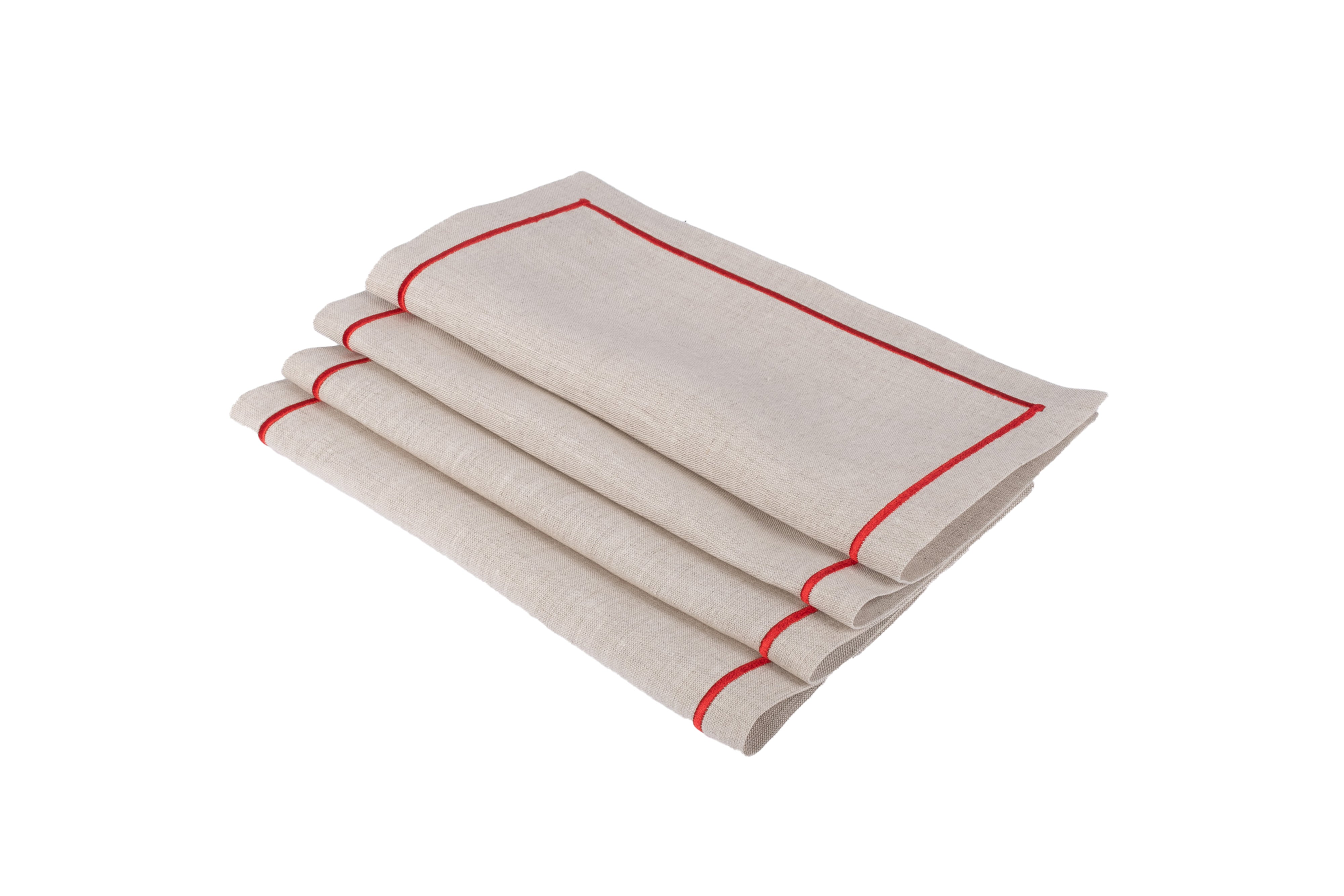 Elegant linen cocktail napkins with exquisite embroidery, handmade for lasting quality and tactile enjoyment.