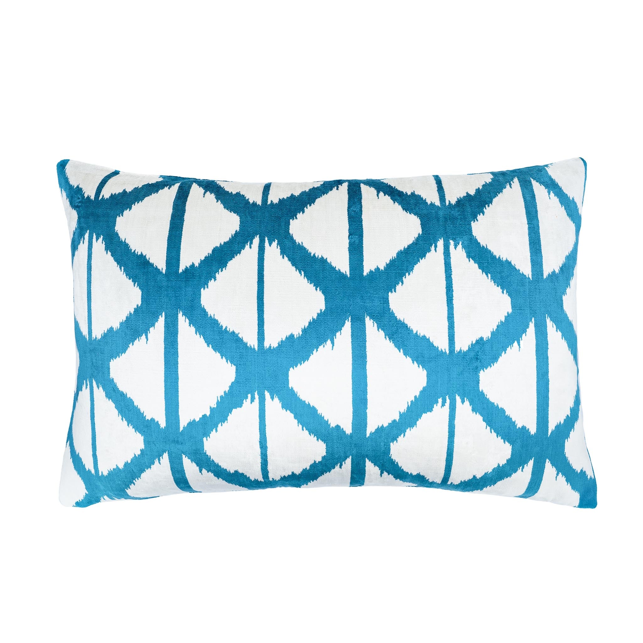 Lagoon blue and ivory silk velvet ikat pillow with geometric diamond pattern, 16x24 inch.