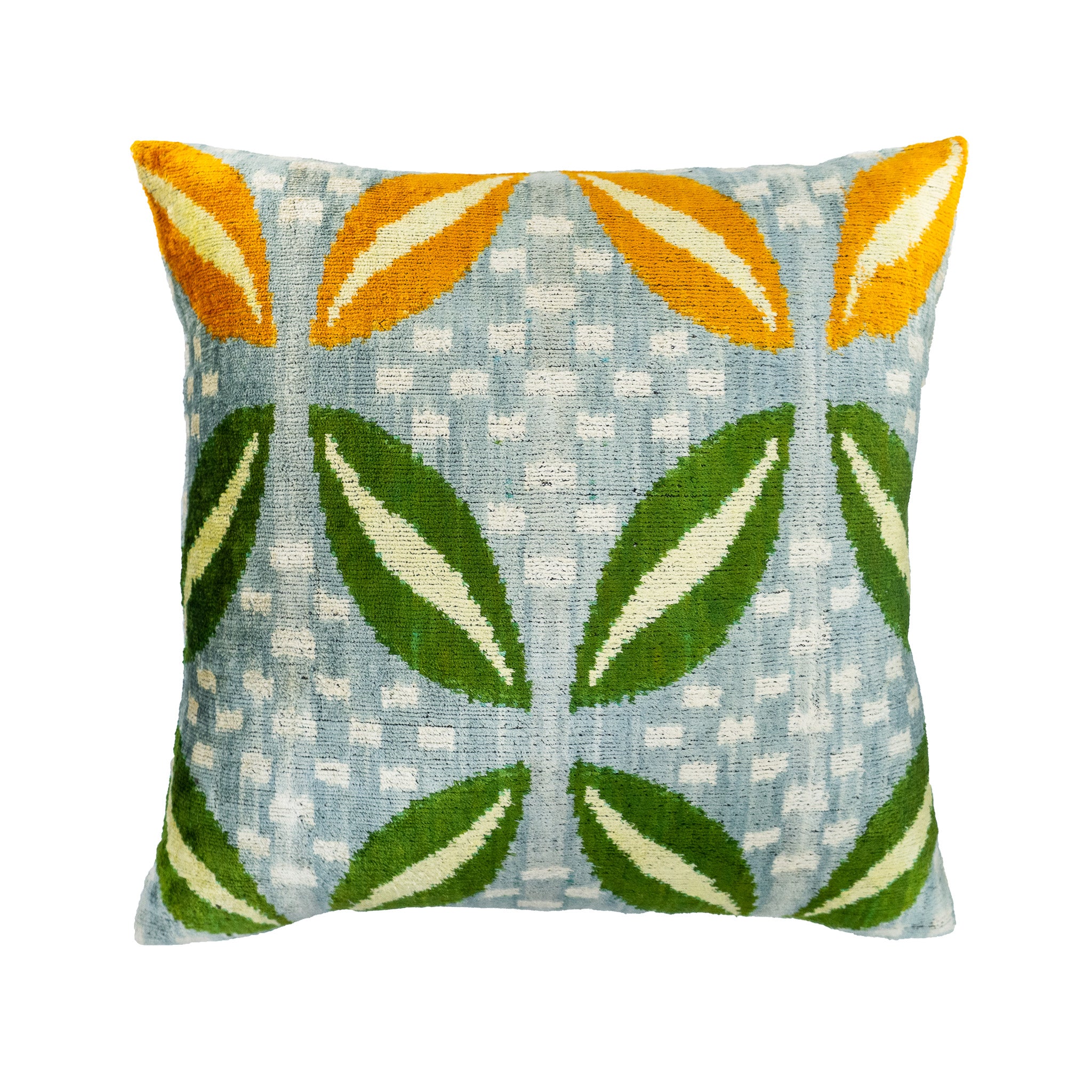 Leaves Ikat Pillow crafted from premium silk velvet with a stylish organic pattern, ideal for a cozy yet sophisticated home accent.