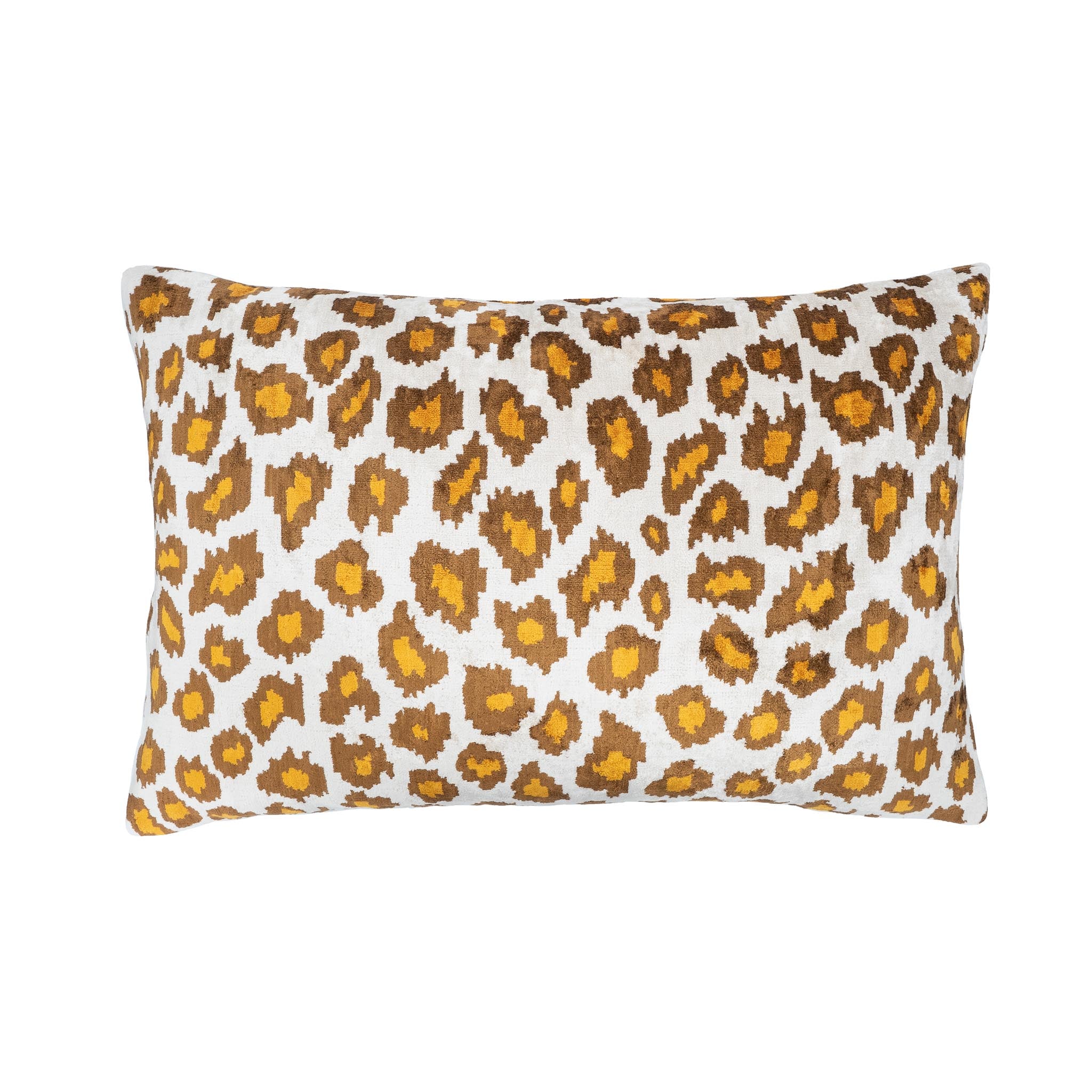 Leopard print silk velvet ikat pillow in warm golden brown tones, 16x24.