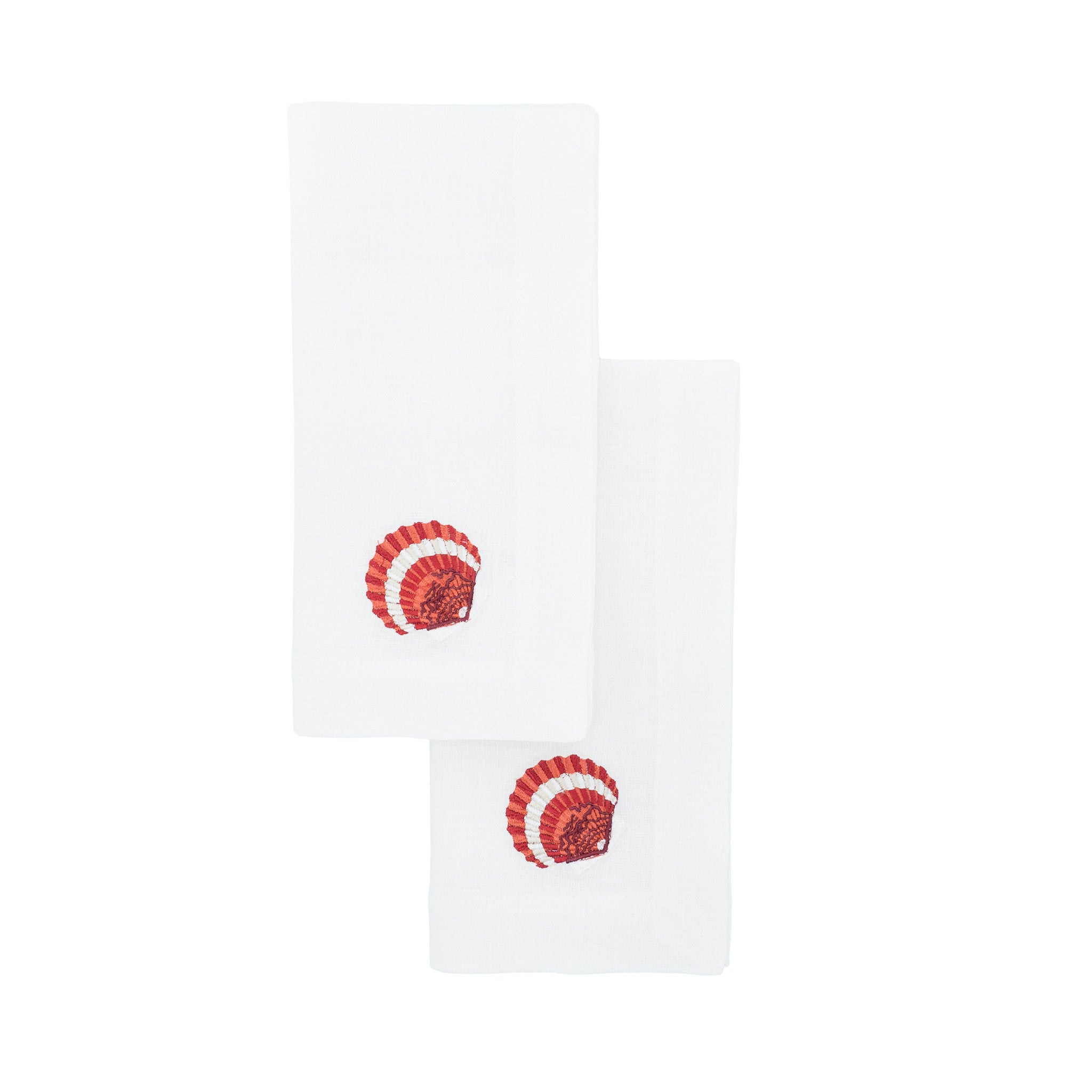 Premium linen napkins featuring delightful red shell designs, perfect for brightening up your dining decor.