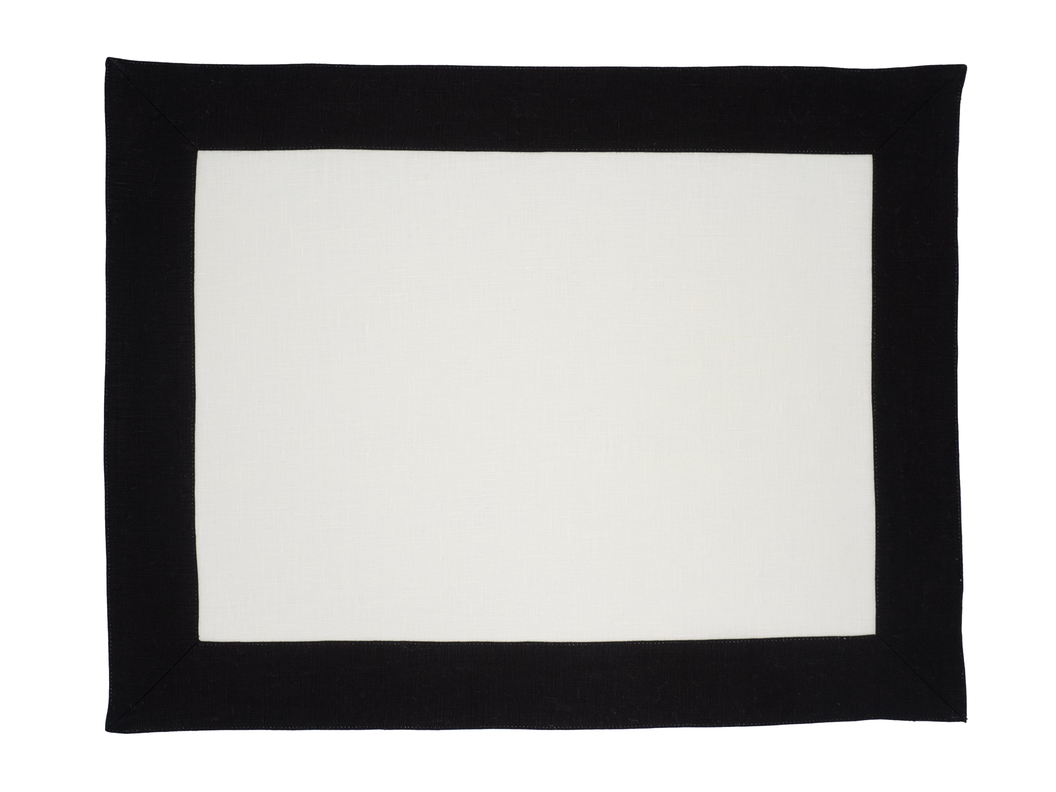 Handmade white linen placemats with black borders, set of 4, perfect for adding elegance to your dining table.