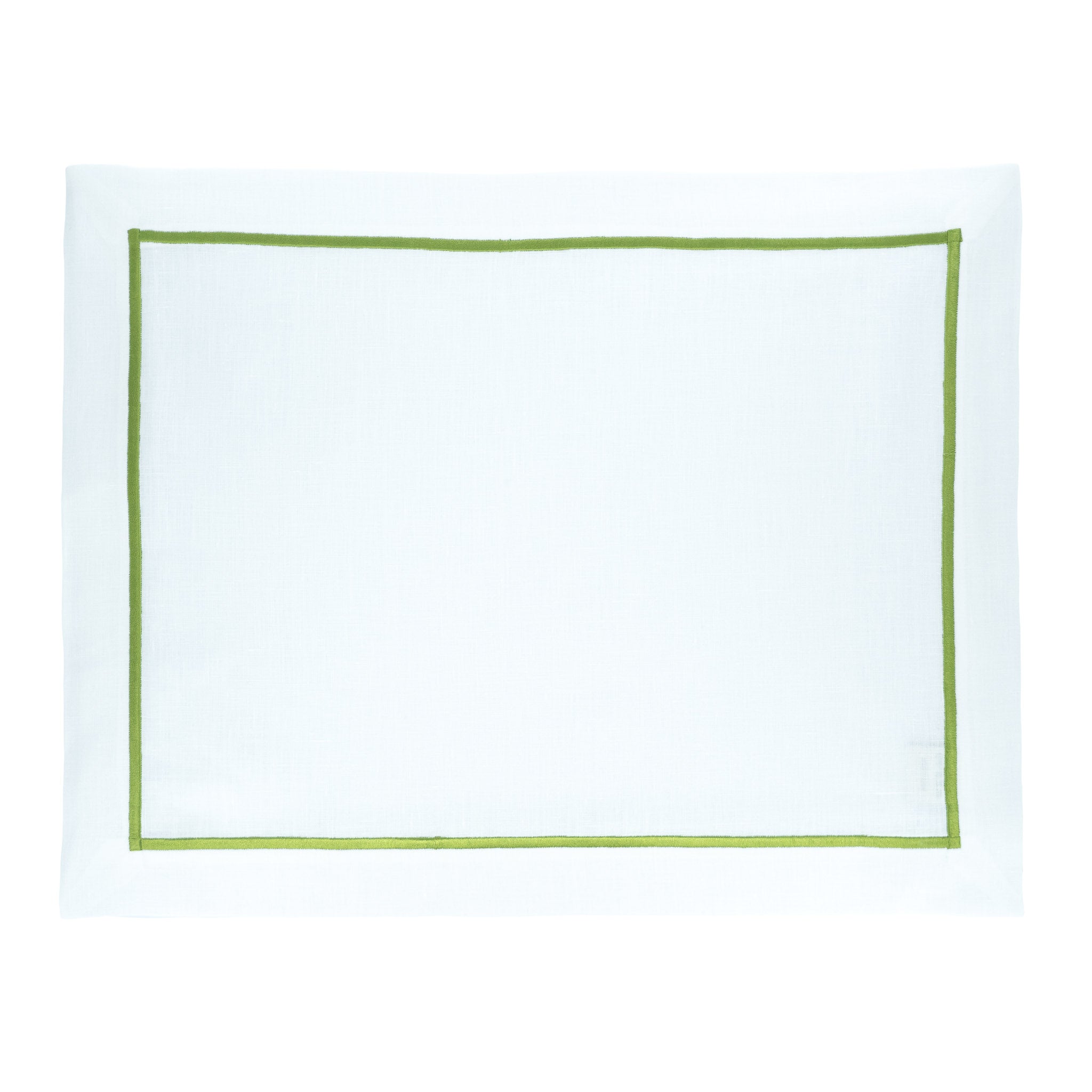 Chouchou Touch linen placemats with green stitched borders, handmade for a unique and sophisticated dining table setting.