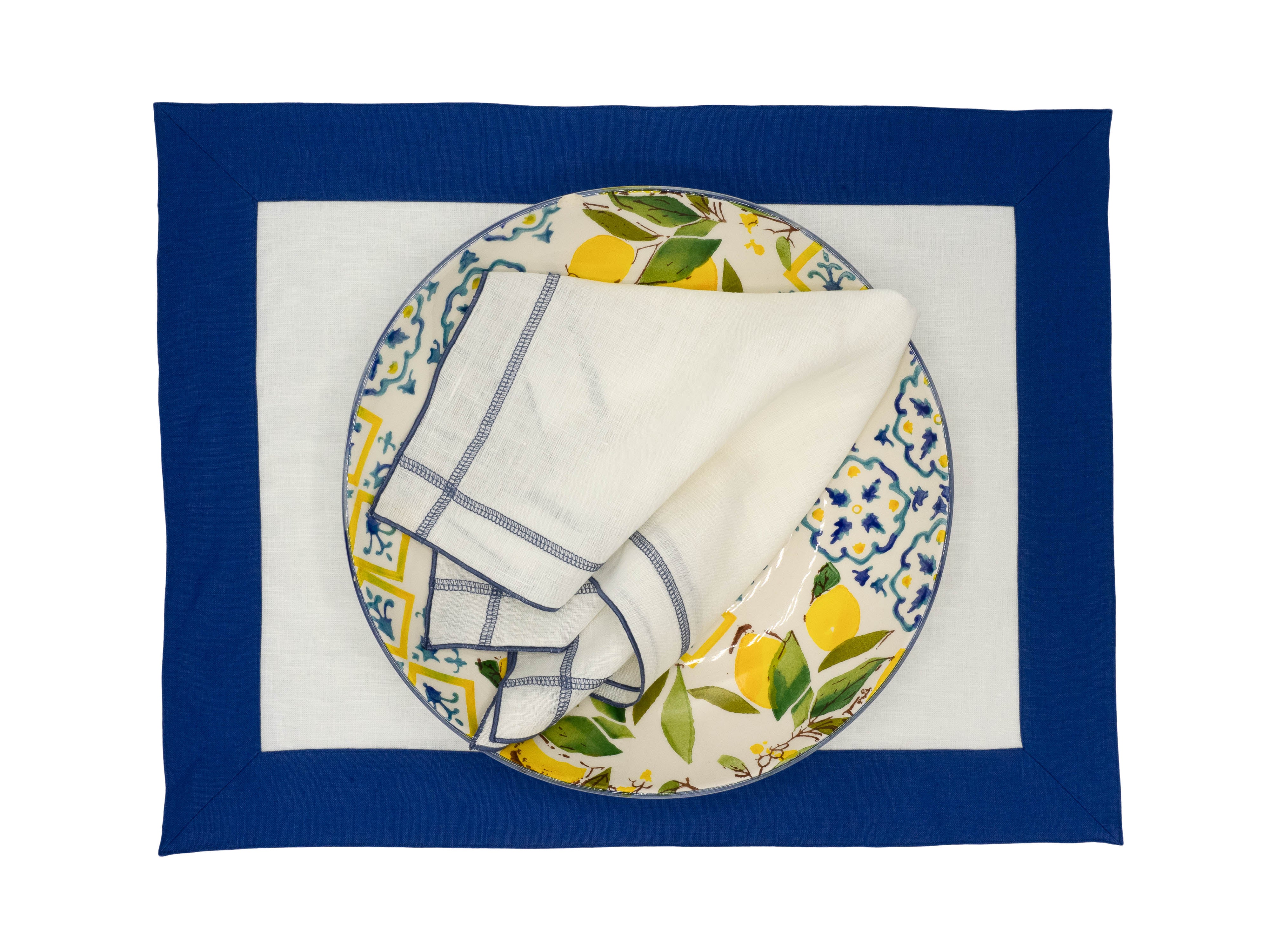 Linen placemats with navy borders, perfect for elevating your dining table with a smooth, luxurious texture.
