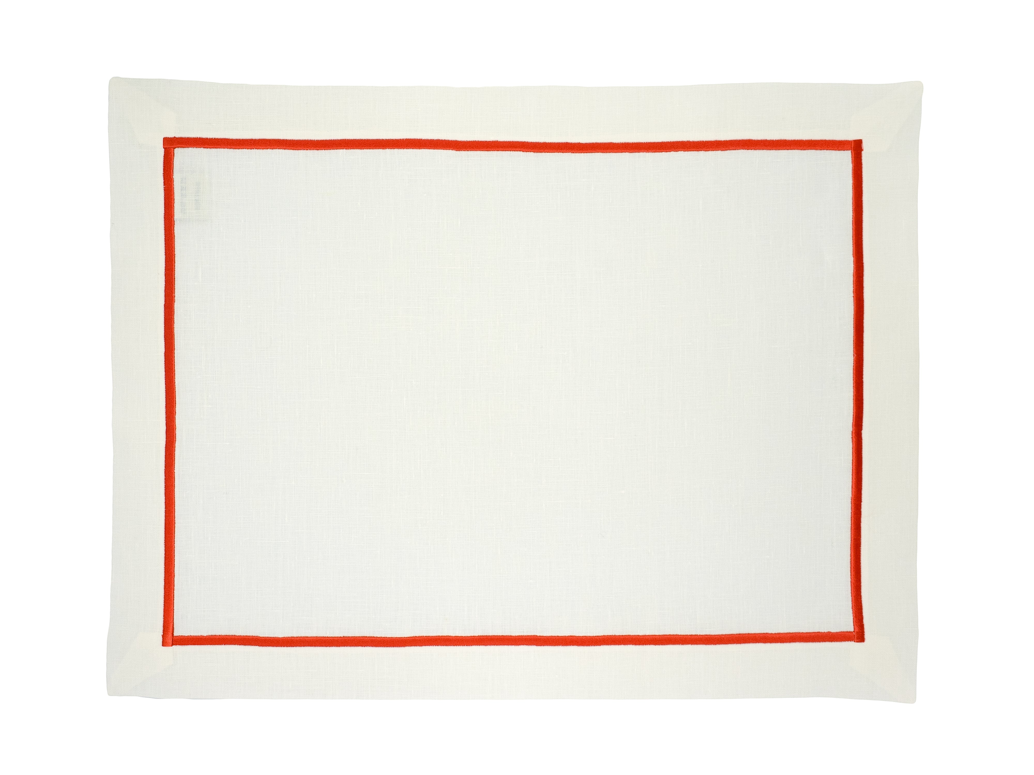 Elegant red-bordered linen placemats, handcrafted to add beauty and sophistication to any meal or gathering.