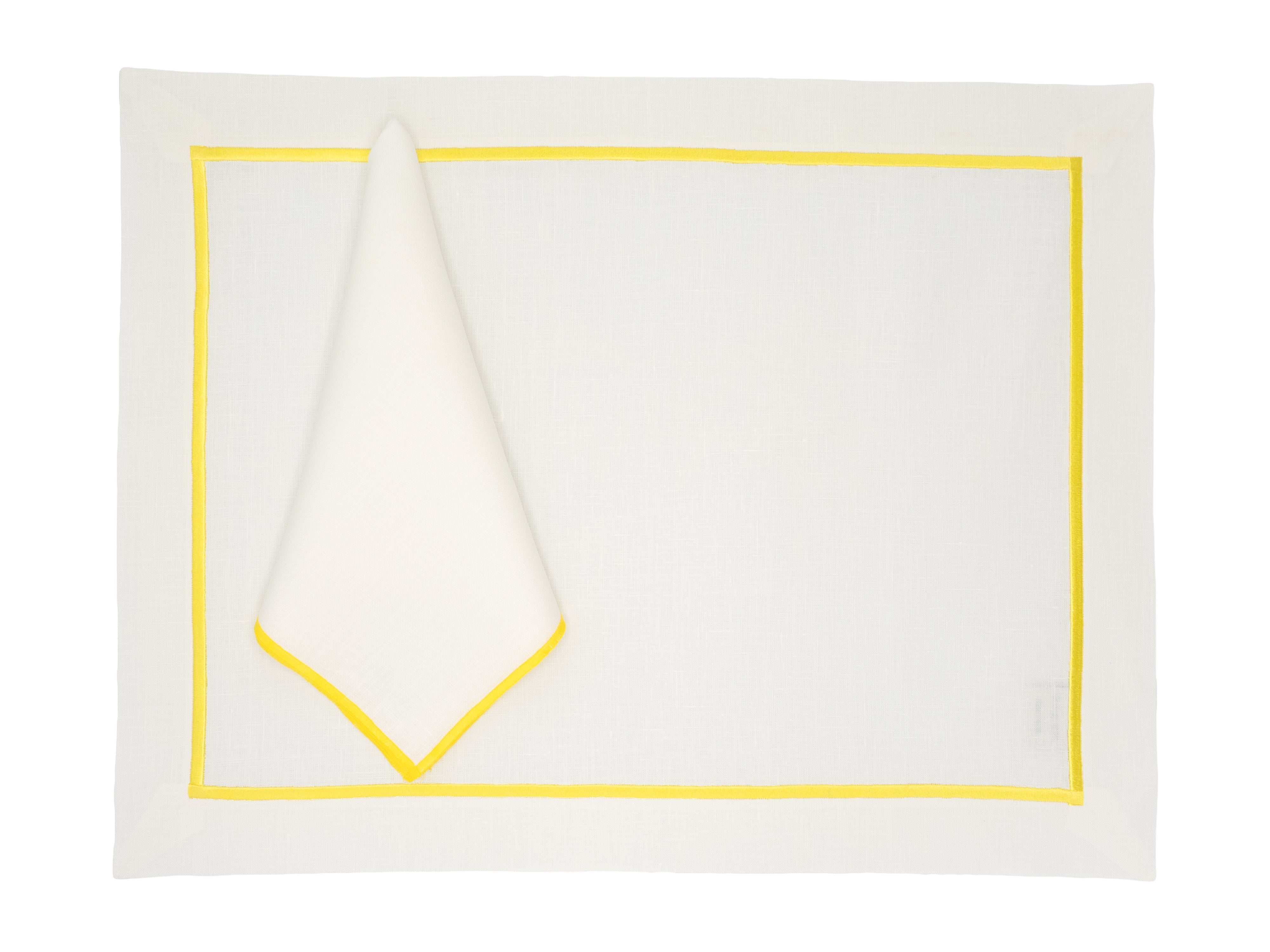 Handmade linen placemats with yellow stitched borders, set of 4, perfect for adding a vibrant touch to your dining table.