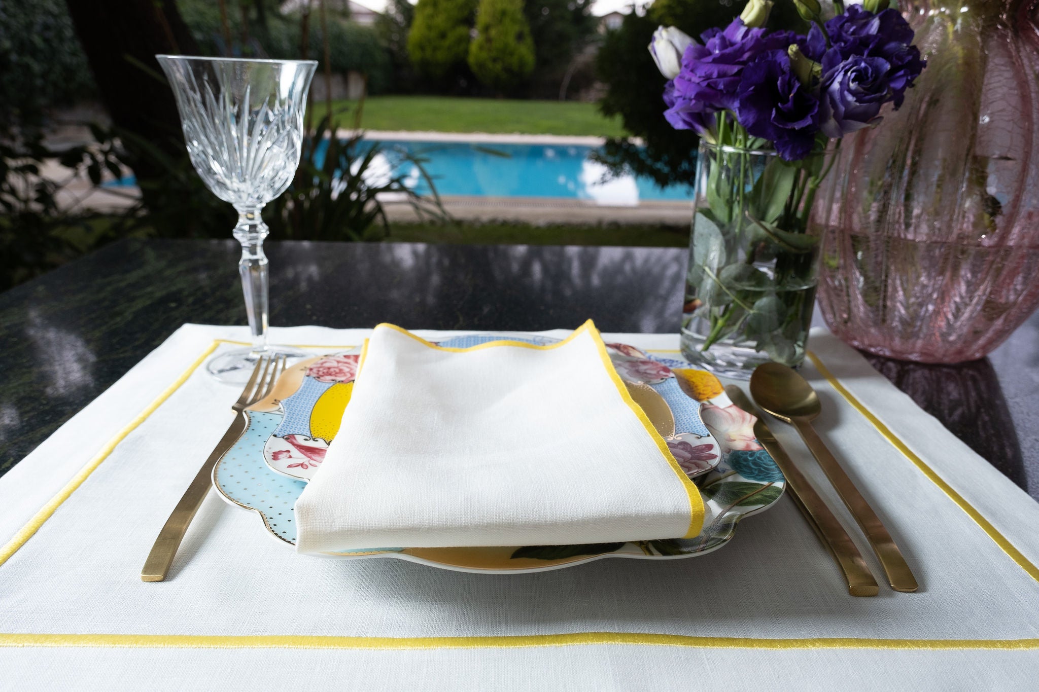 Set of 4 Linen Placemats With Yellow Borders, handmade from 100% premium linen, measuring 15" x 20".