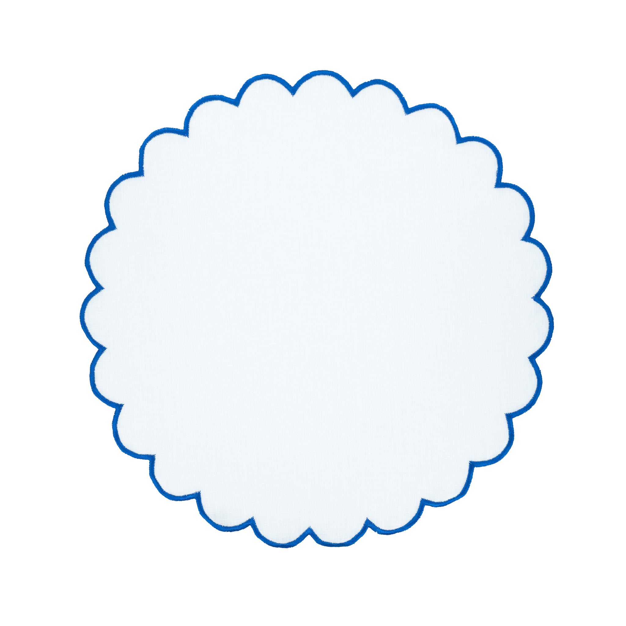 Set of 4 linen scalloped placemats with blue stitch edges, perfect for adding elegance to your dining table.