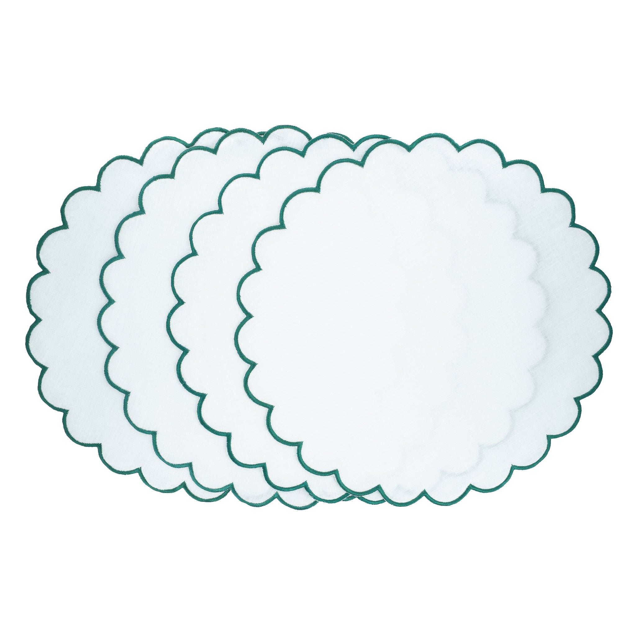 Handmade linen scalloped placemats, ideal for both formal events and casual family gatherings.