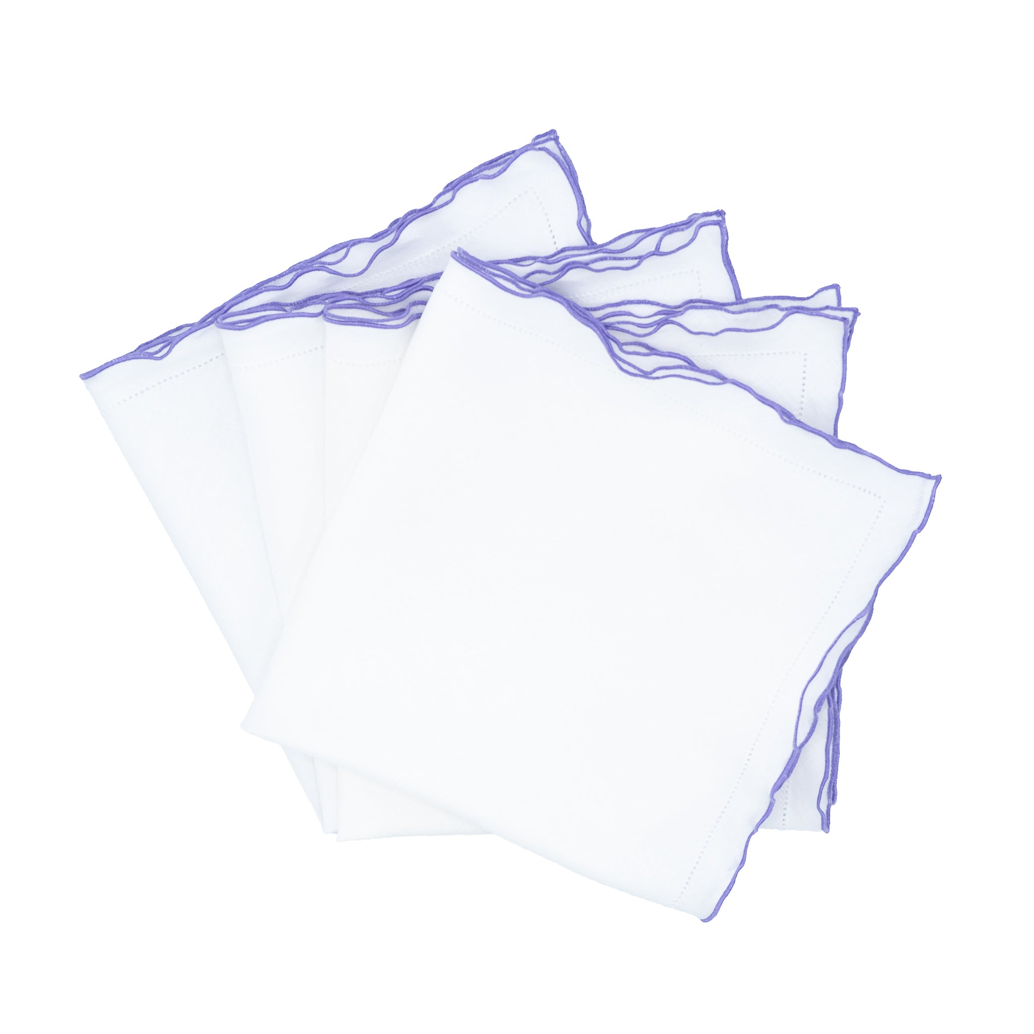 Handmade white linen napkins with decorative purple ruffled hemstitch edges, ideal for both formal and casual gatherings.