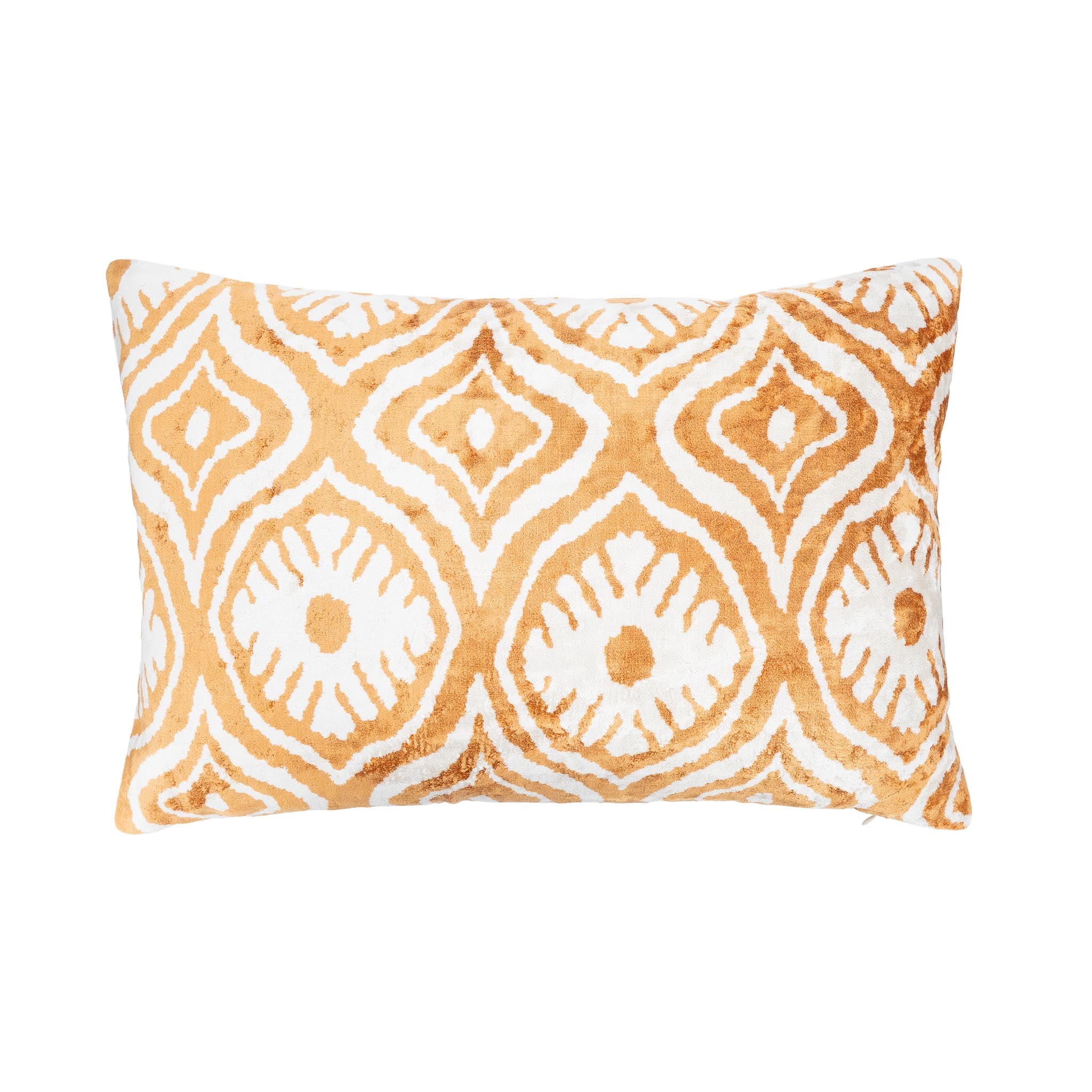 Handmade silk velvet ikat pillow in warm golden orange Mariana pattern, 16x24 inch.