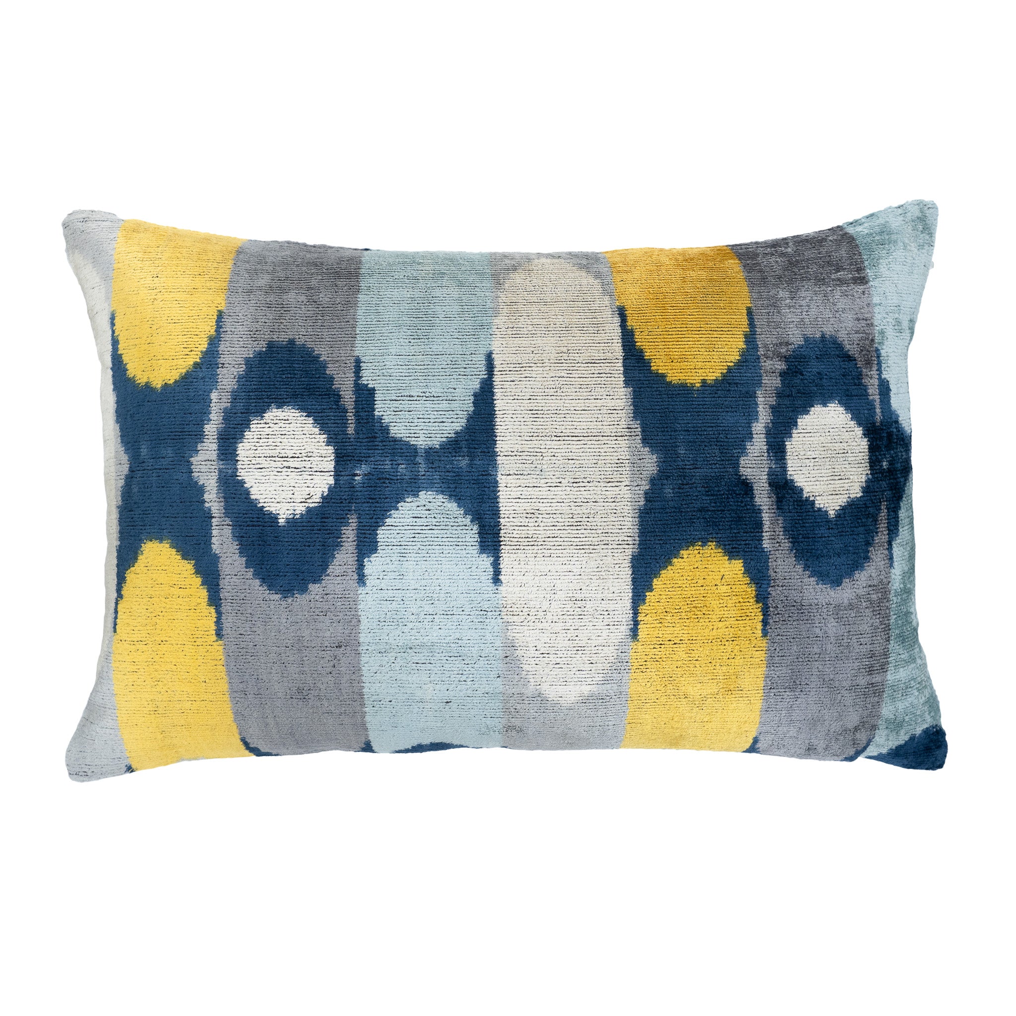 Mayfair Silk Velvet Ikat Throw Pillow Cover in blue, yellow, and gray with a modern geometric pattern.