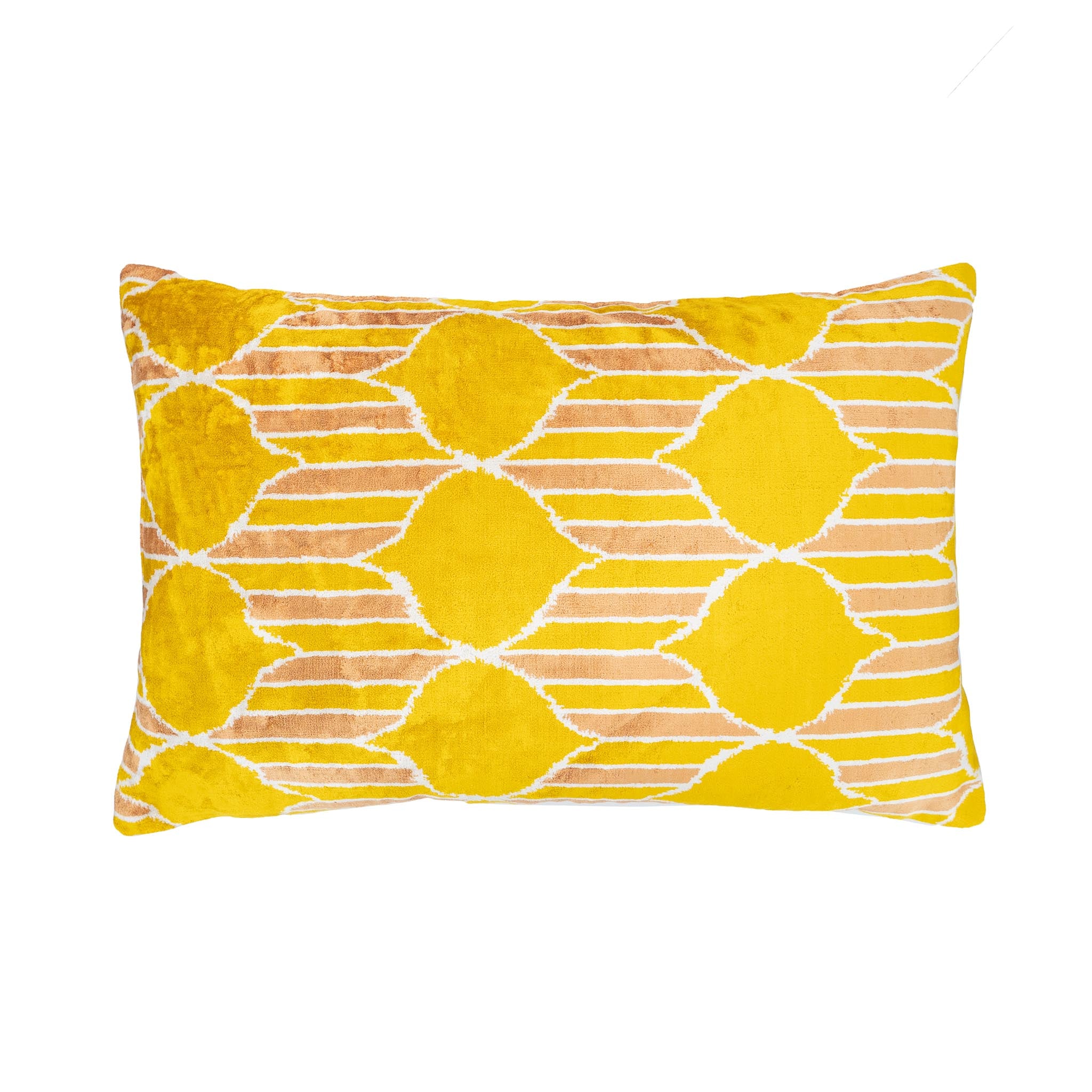 Melon yellow silk velvet ikat pillow with white striped diamond pattern, 16x24.