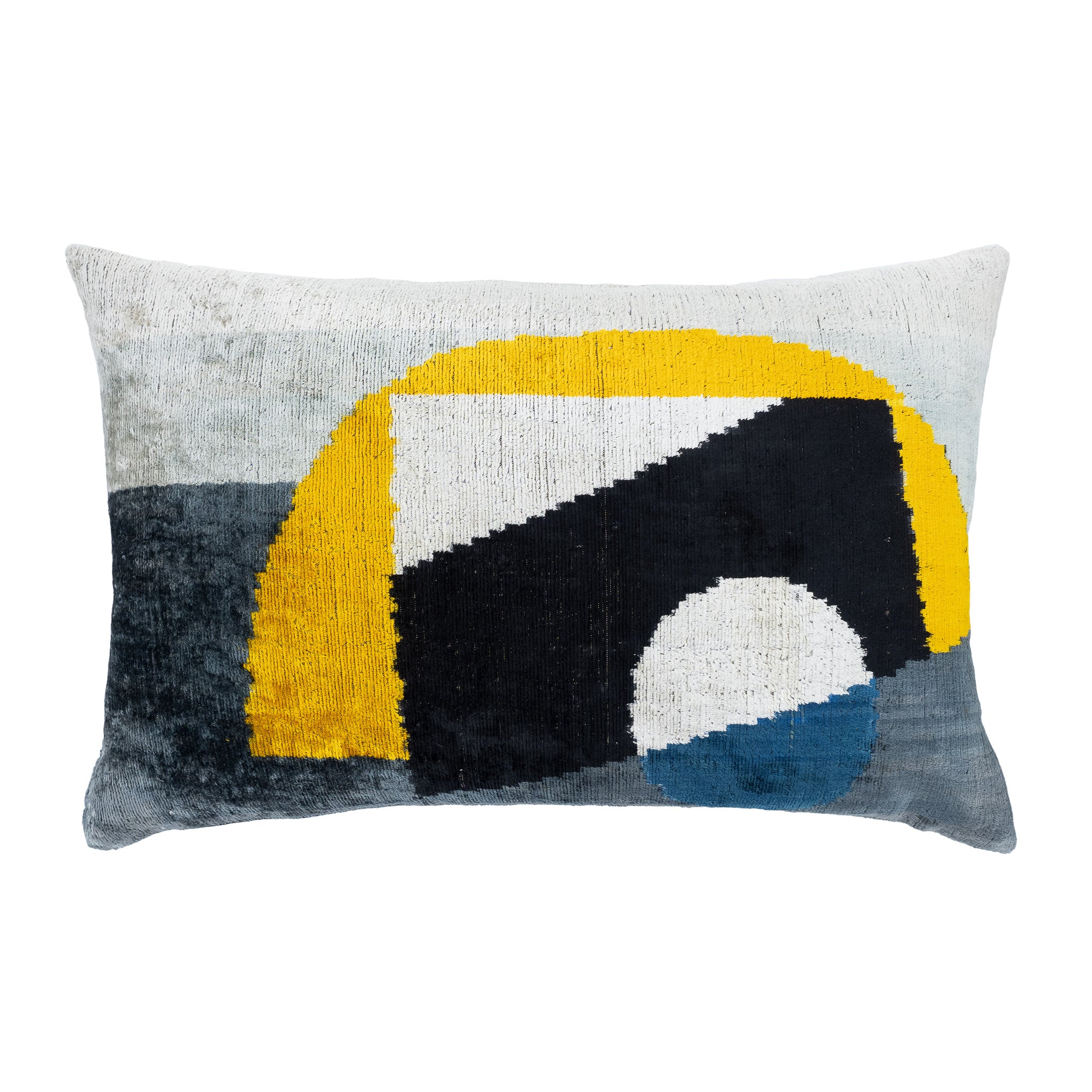 Milan Silk Velvet Ikat Throw Pillow Cover with abstract geometric design in yellow, black, white, and blue.