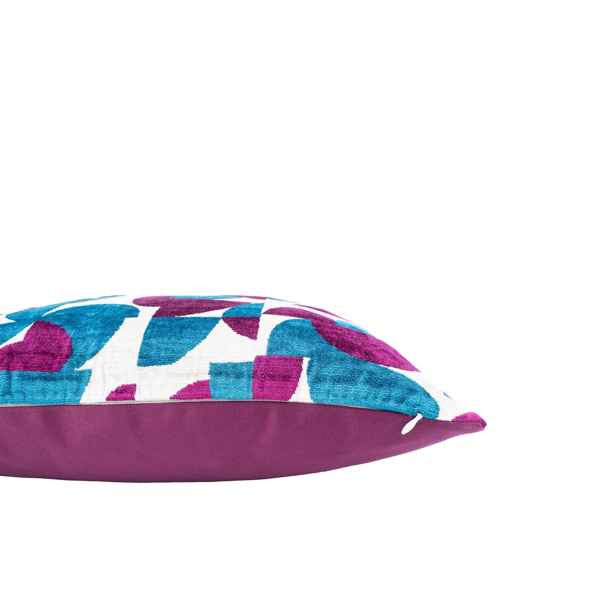 Bold and colorful Miro Blue Ikat Pillow with contemporary geometric patterns, handwoven in silk velvet.