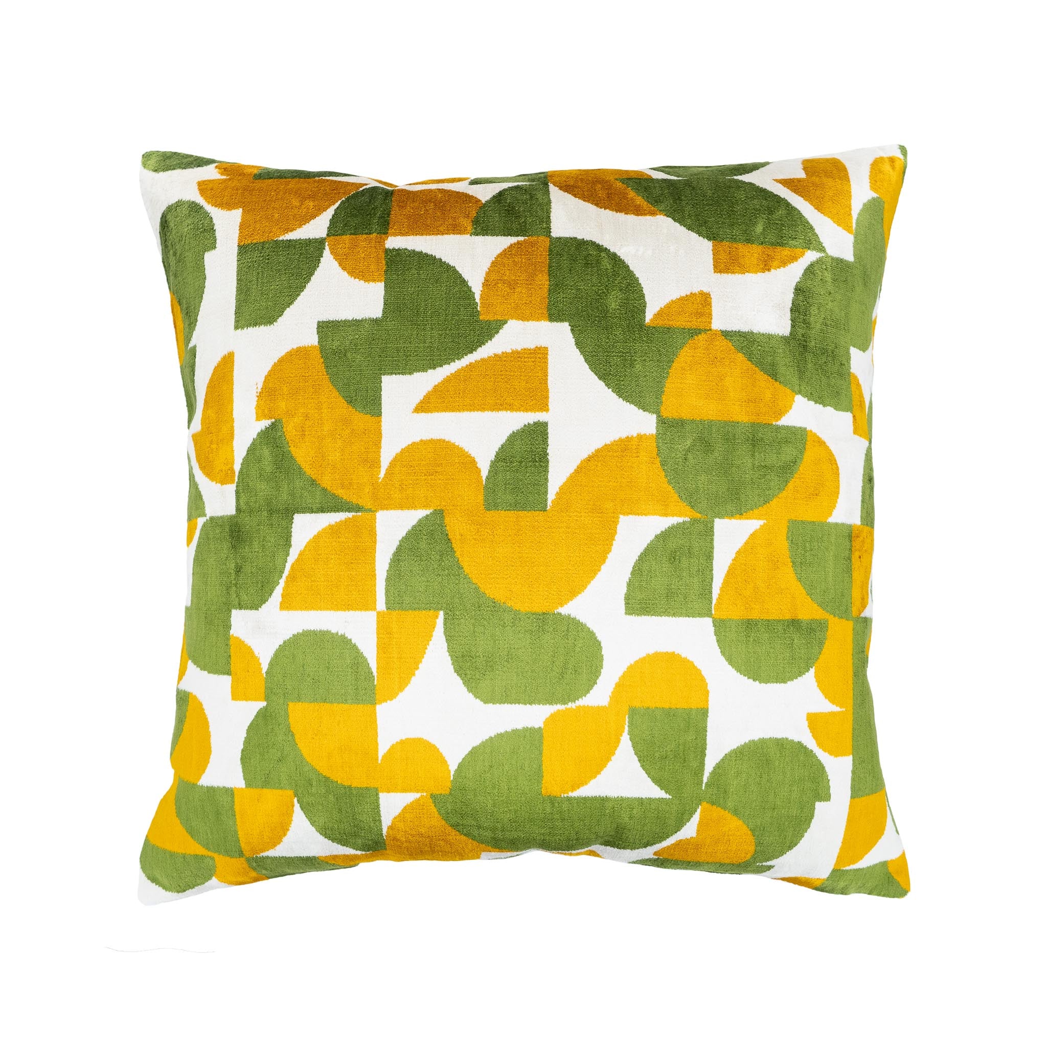 Miro Green Silk Velvet Ikat Pillow with geometric green and yellow patterns on a white background, 20x20 inches.