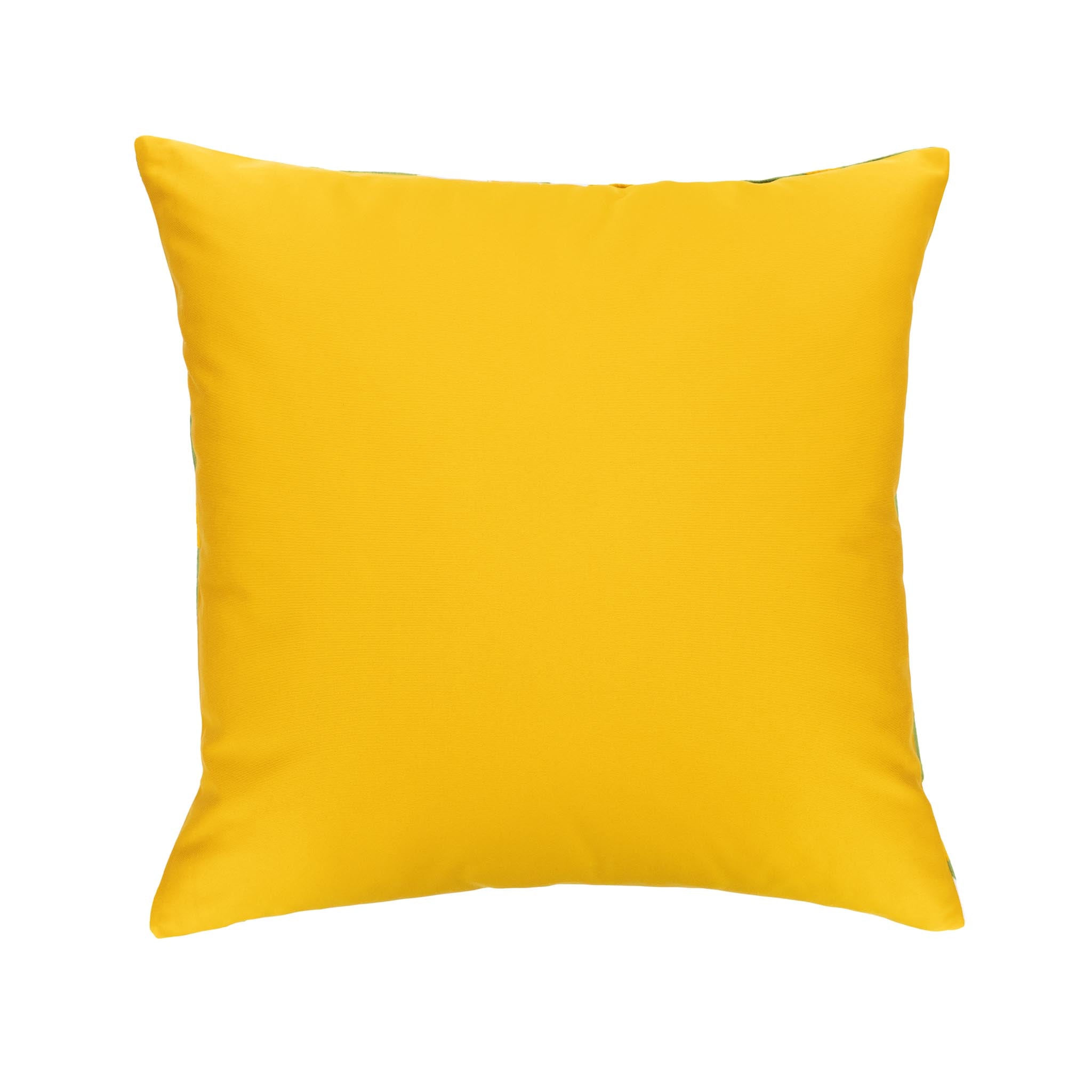 Handwoven silk velvet ikat pillow with a contemporary green and mustard yellow geometric design.