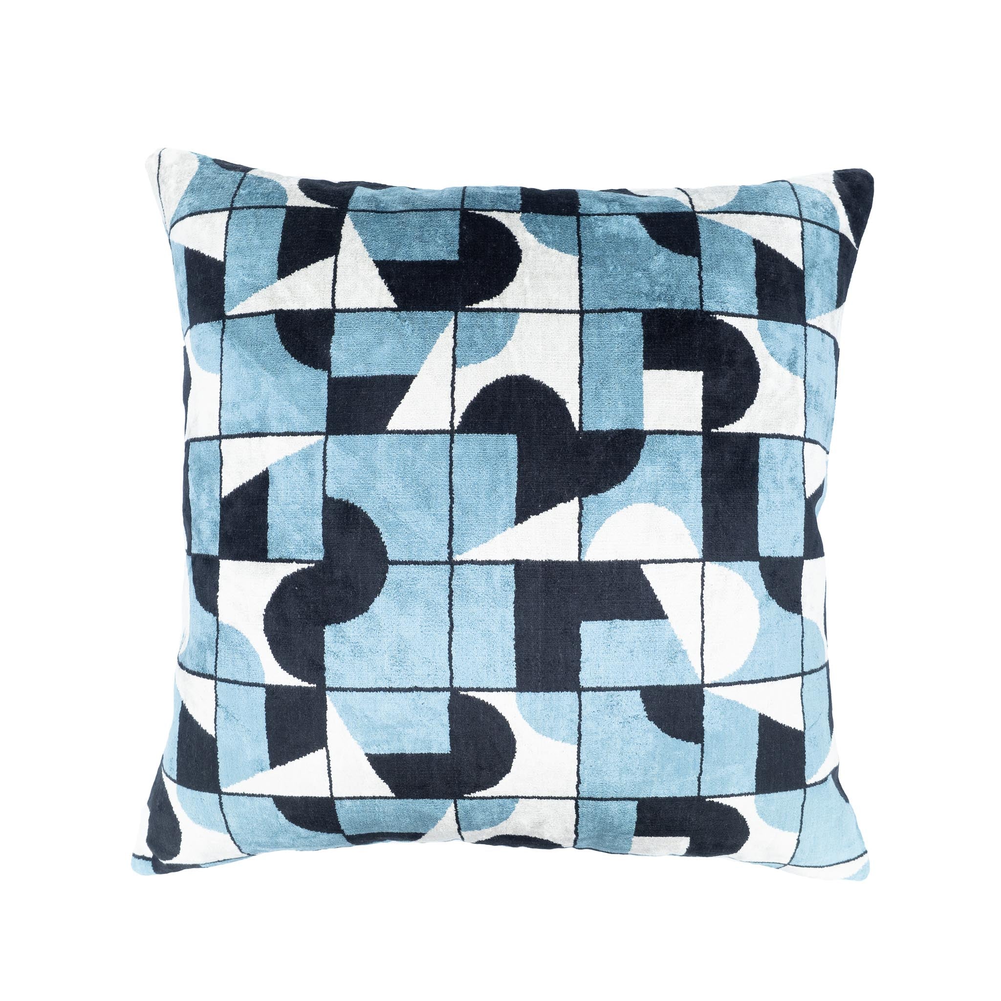Chic and contemporary ikat pillow with a soft sheen, featuring a unique mix of curved and angular shapes.
