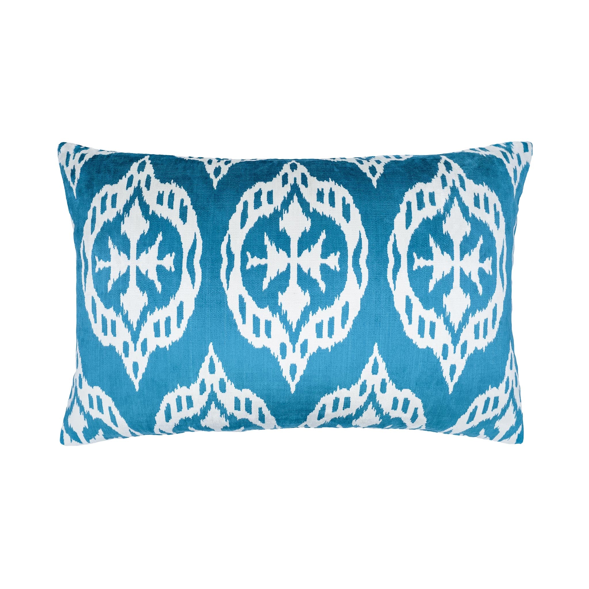 Mood Blue silk velvet ikat pillow with white medallion pattern, 16x24 inch.