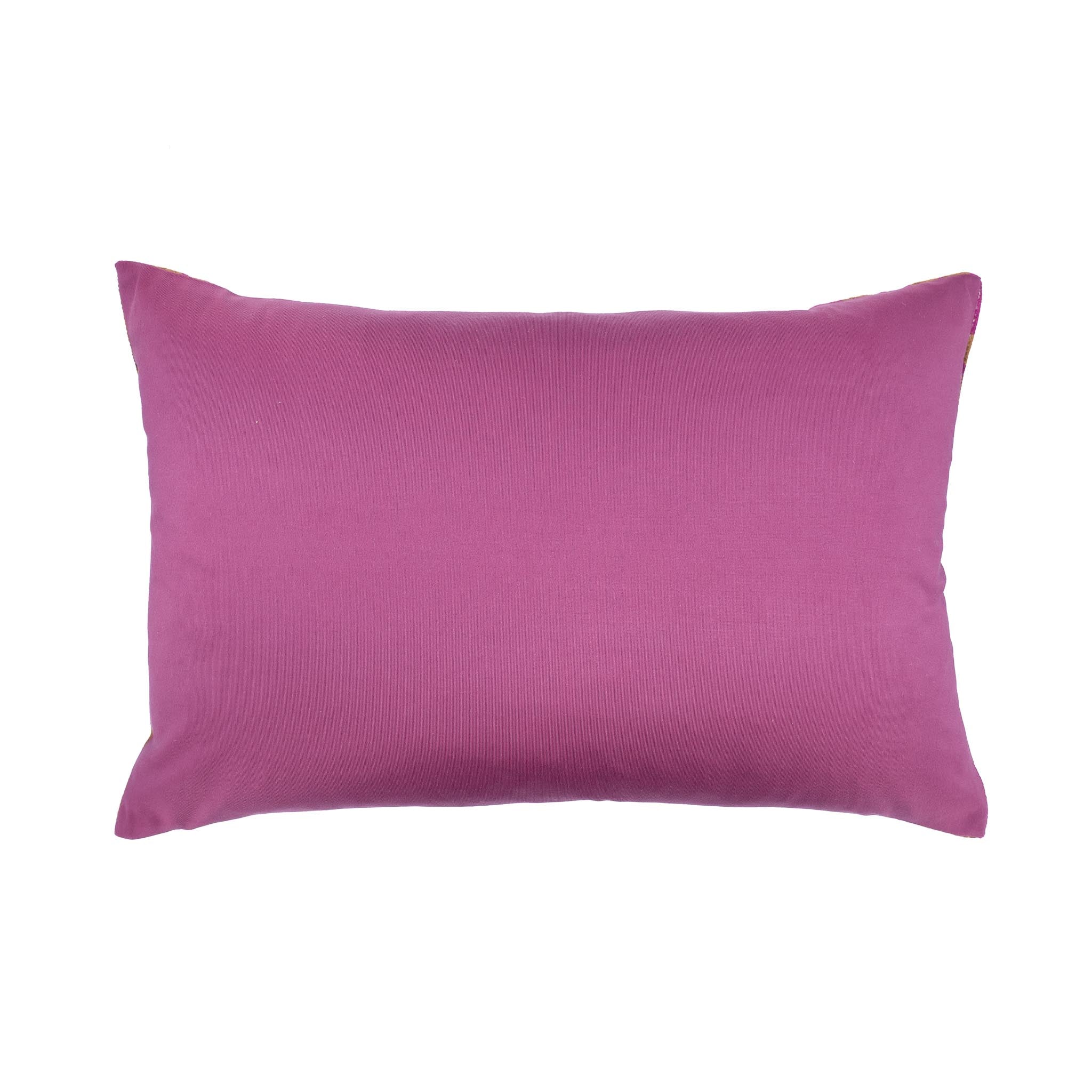 Silk velvet pillow cover featuring fuchsia and bronze traditional ikat design.