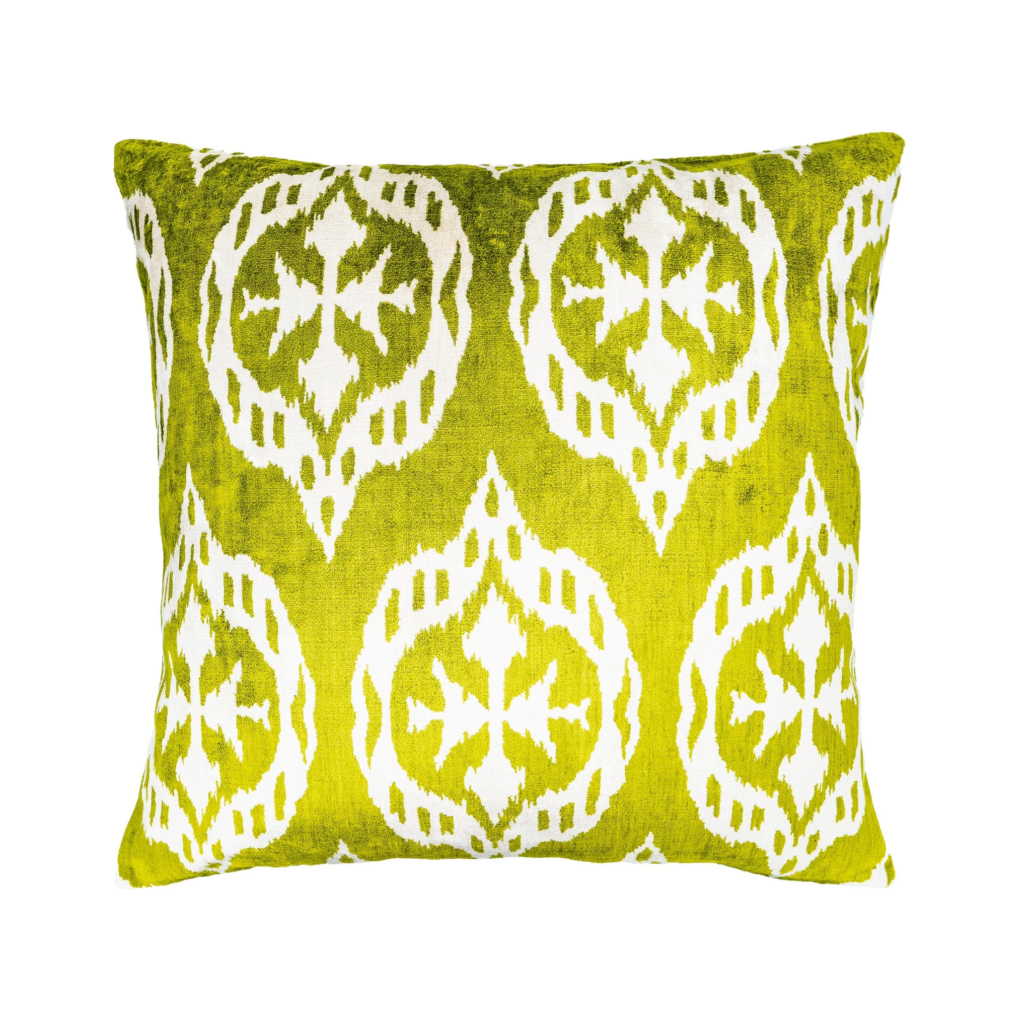 Mood Green Silk Velvet Ikat Pillow with a striking lime-green and white traditional pattern, 20x20 inches.