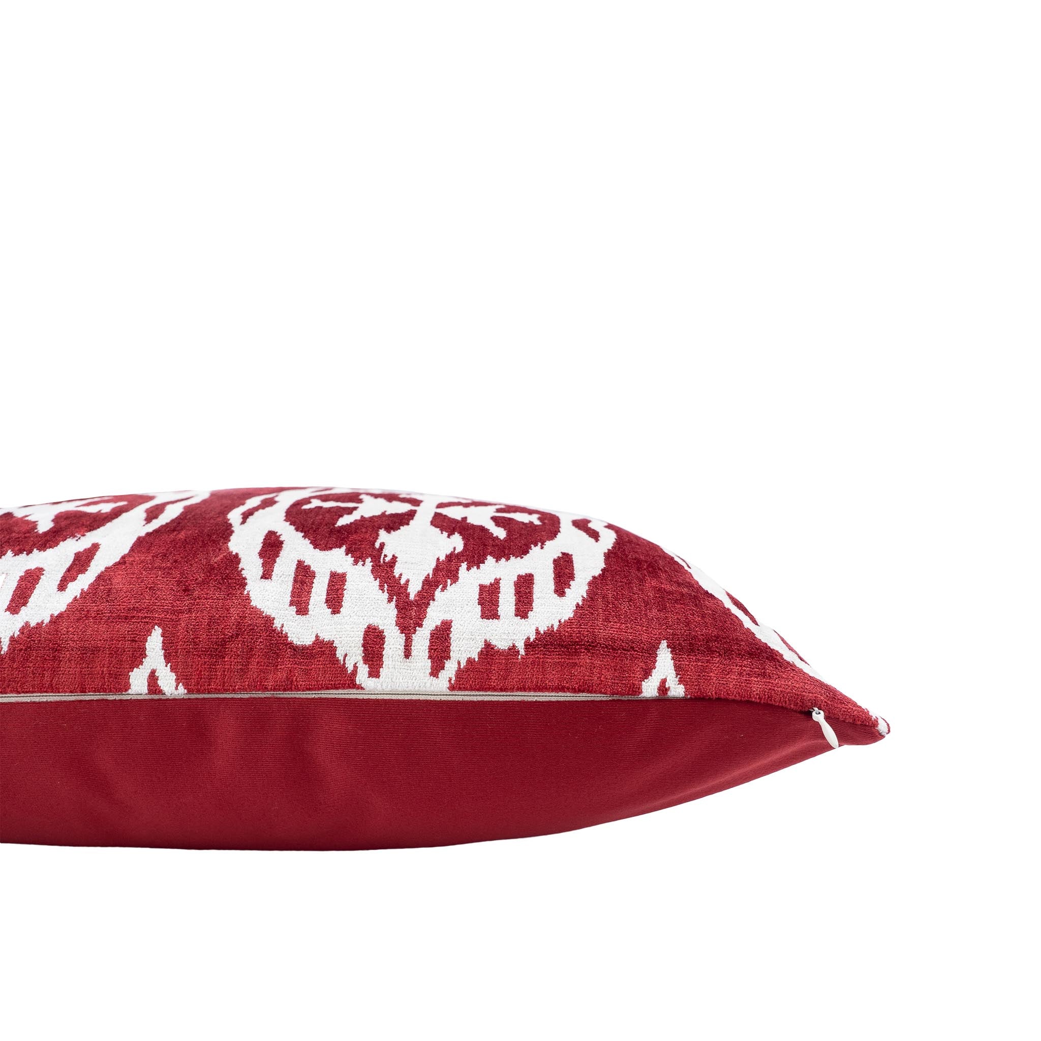 Mood Merlot 20x20 pillow cover in bold red with white ikat design.