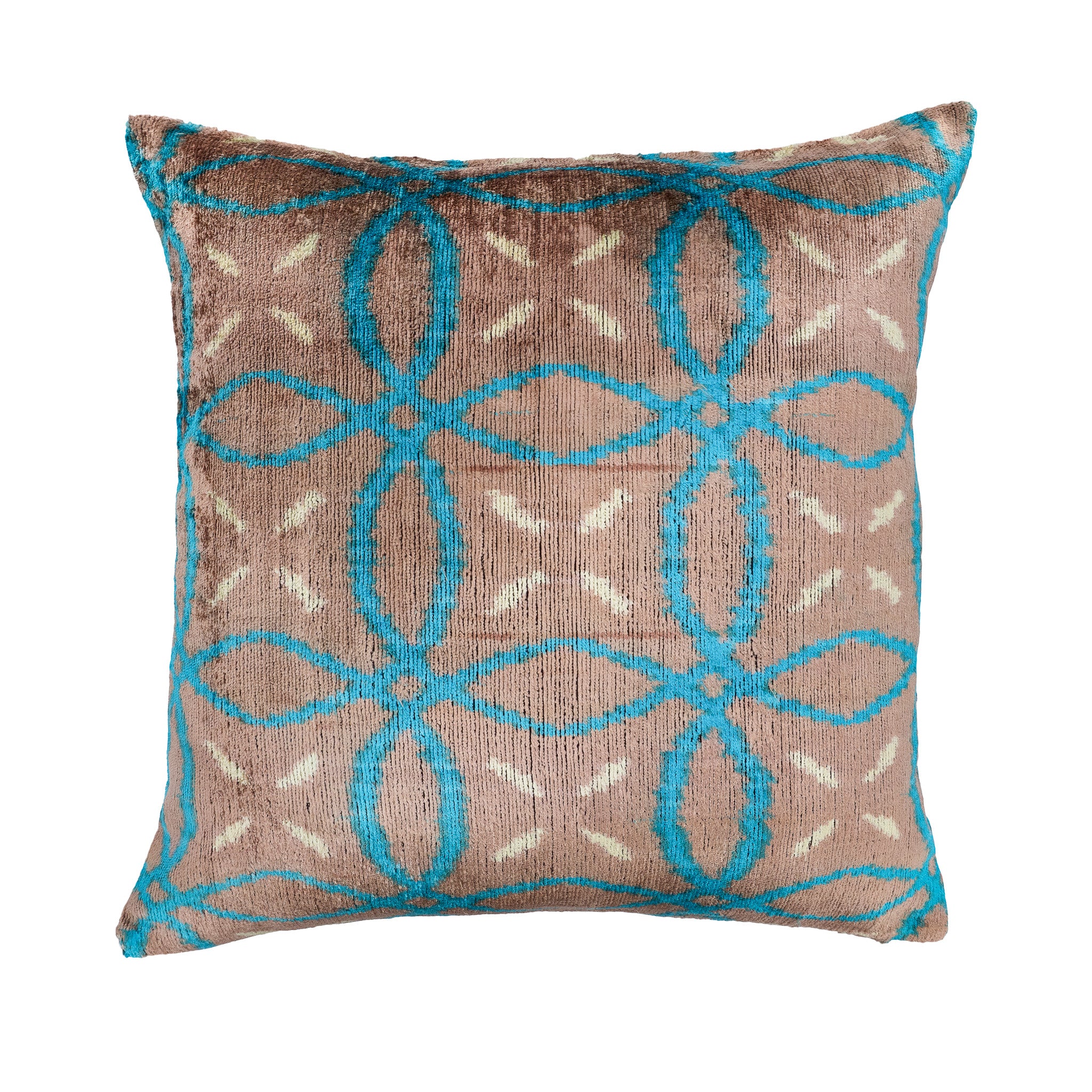 Morris Silk Velvet Ikat Pillow Cover with teal blue floral lattice on a taupe background.
