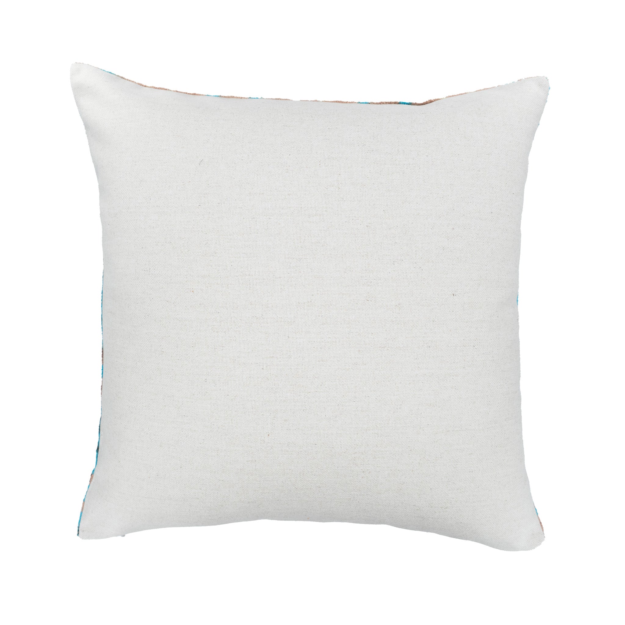 Chouchou Touch Morris pillow with geometric ikat pattern in blue and neutral tones.