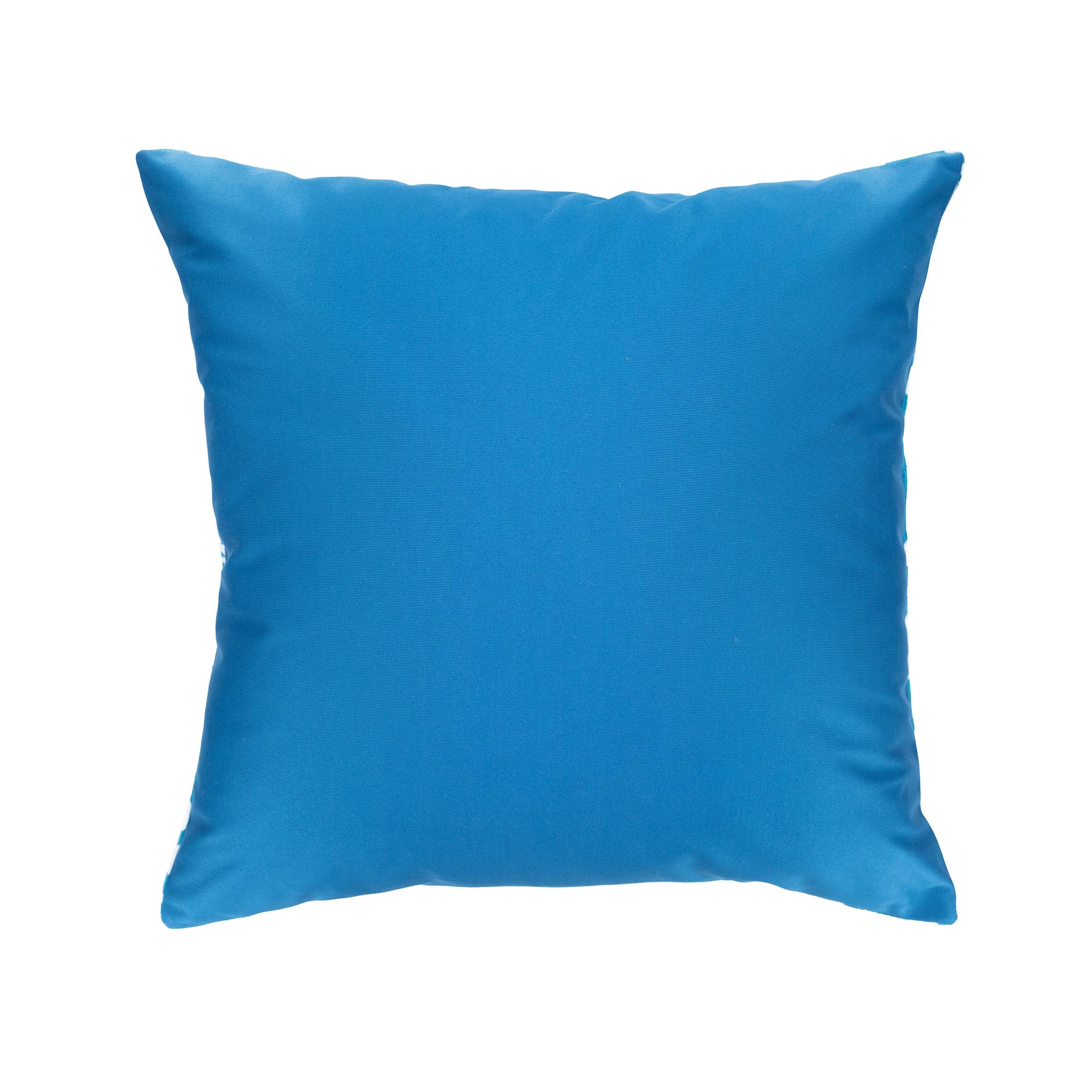 Silk velvet ikat pillow in bright blue with intricate white vine and dot detailing, 20-inch square.