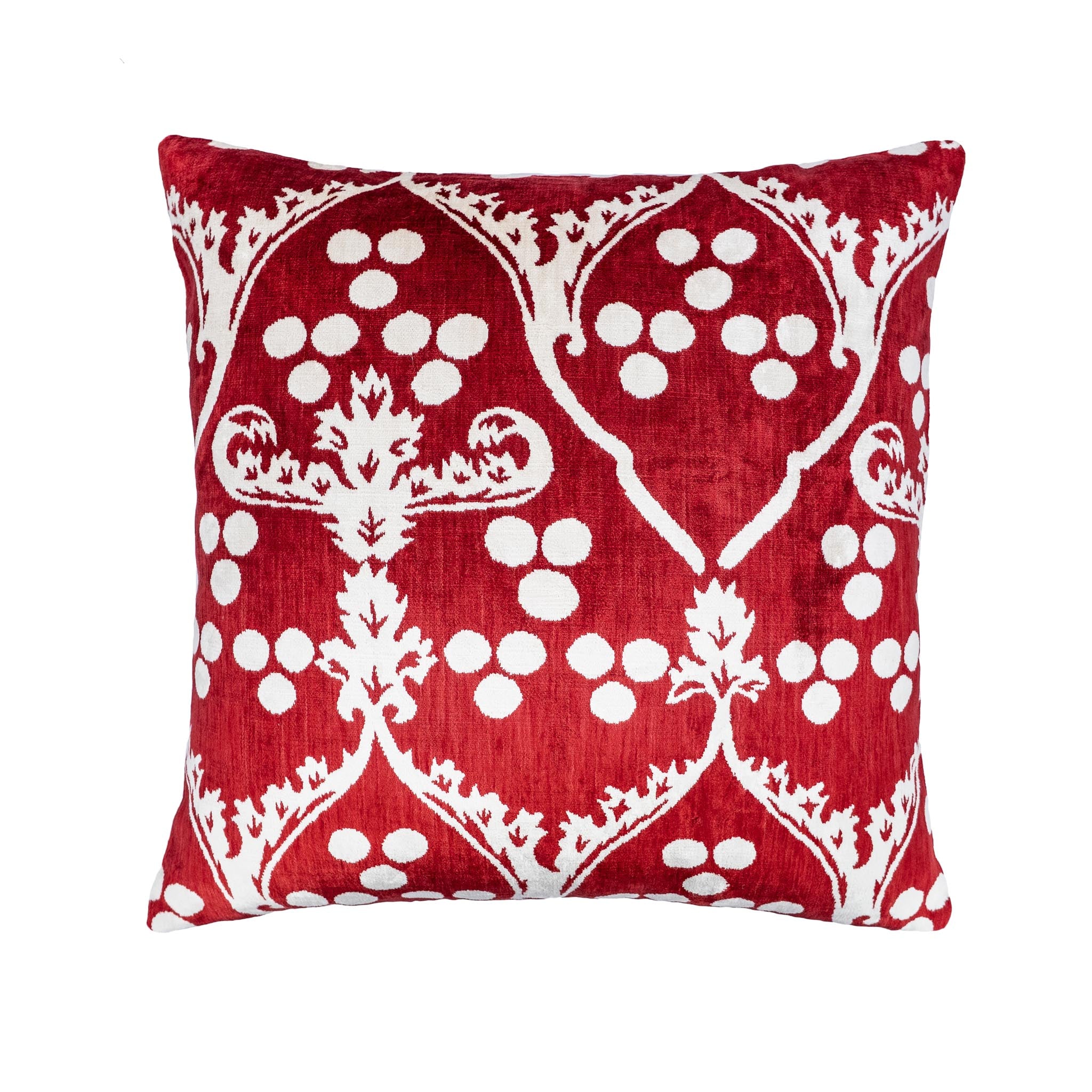 Square red silk velvet ikat pillow with white Ottoman-inspired floral and vine motifs.