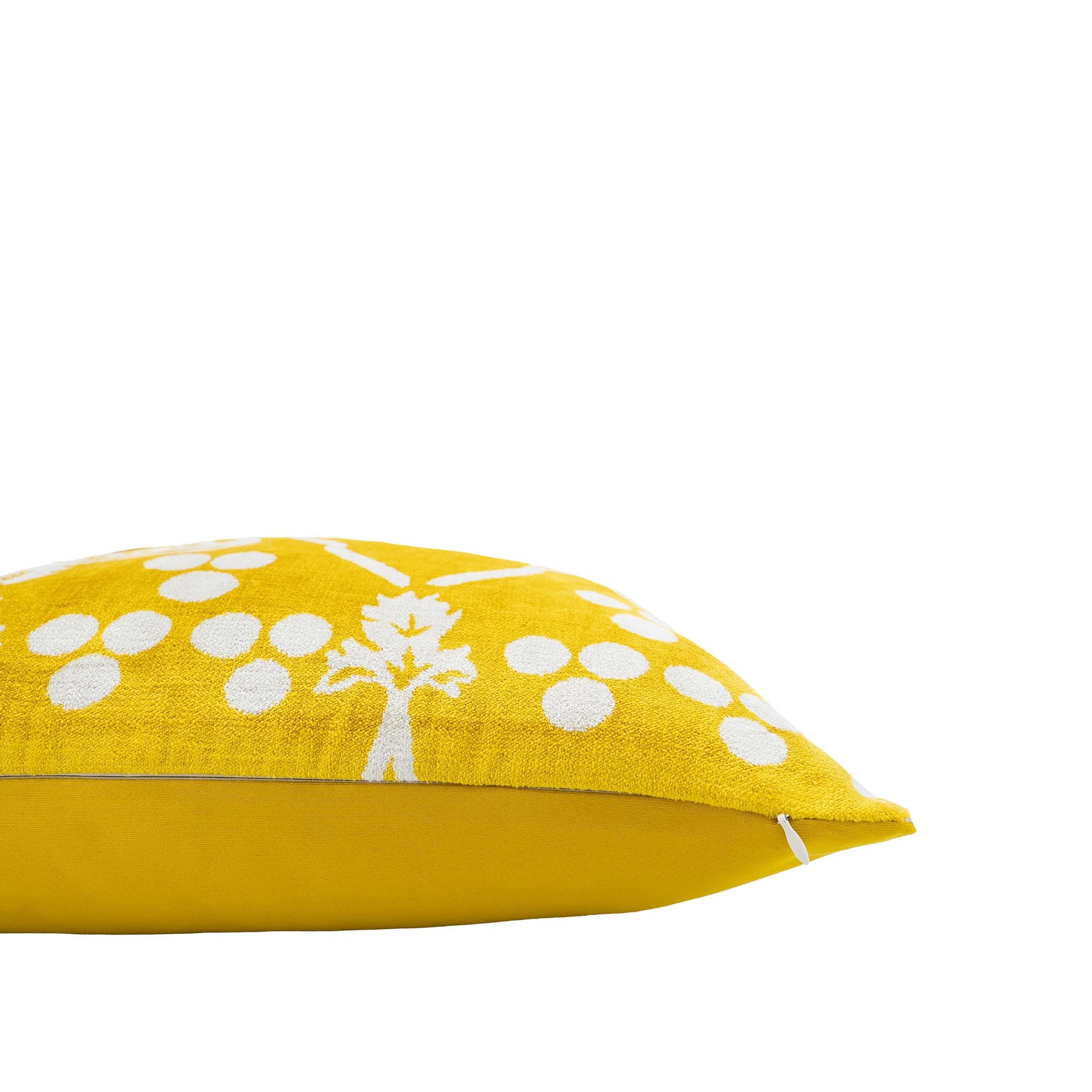 Chouchou Touch pillow in radiant yellow silk velvet with decorative white dots and vine patterns.