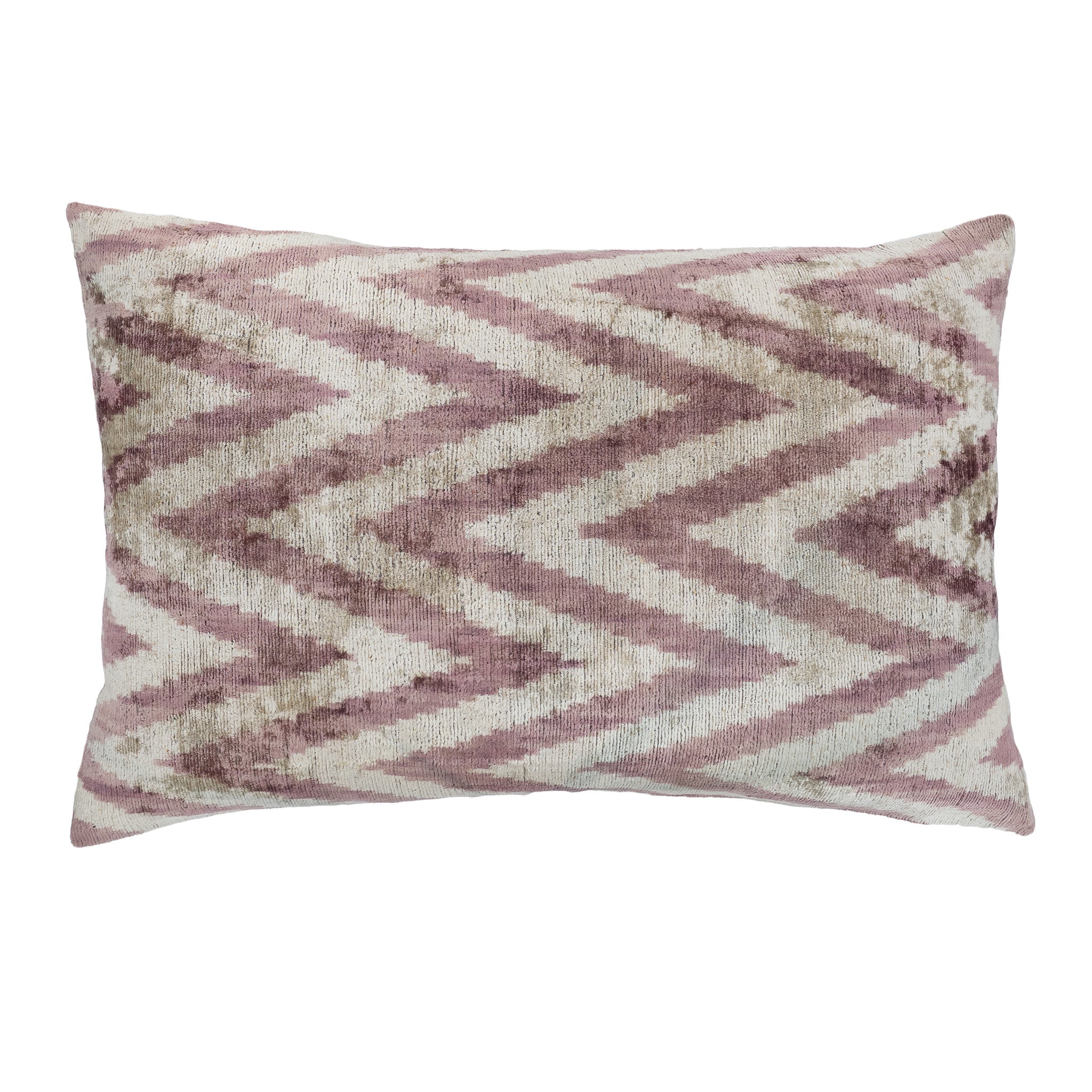 Natural silk velvet ikat pillow in soft blush and ivory zigzag pattern with linen backing.